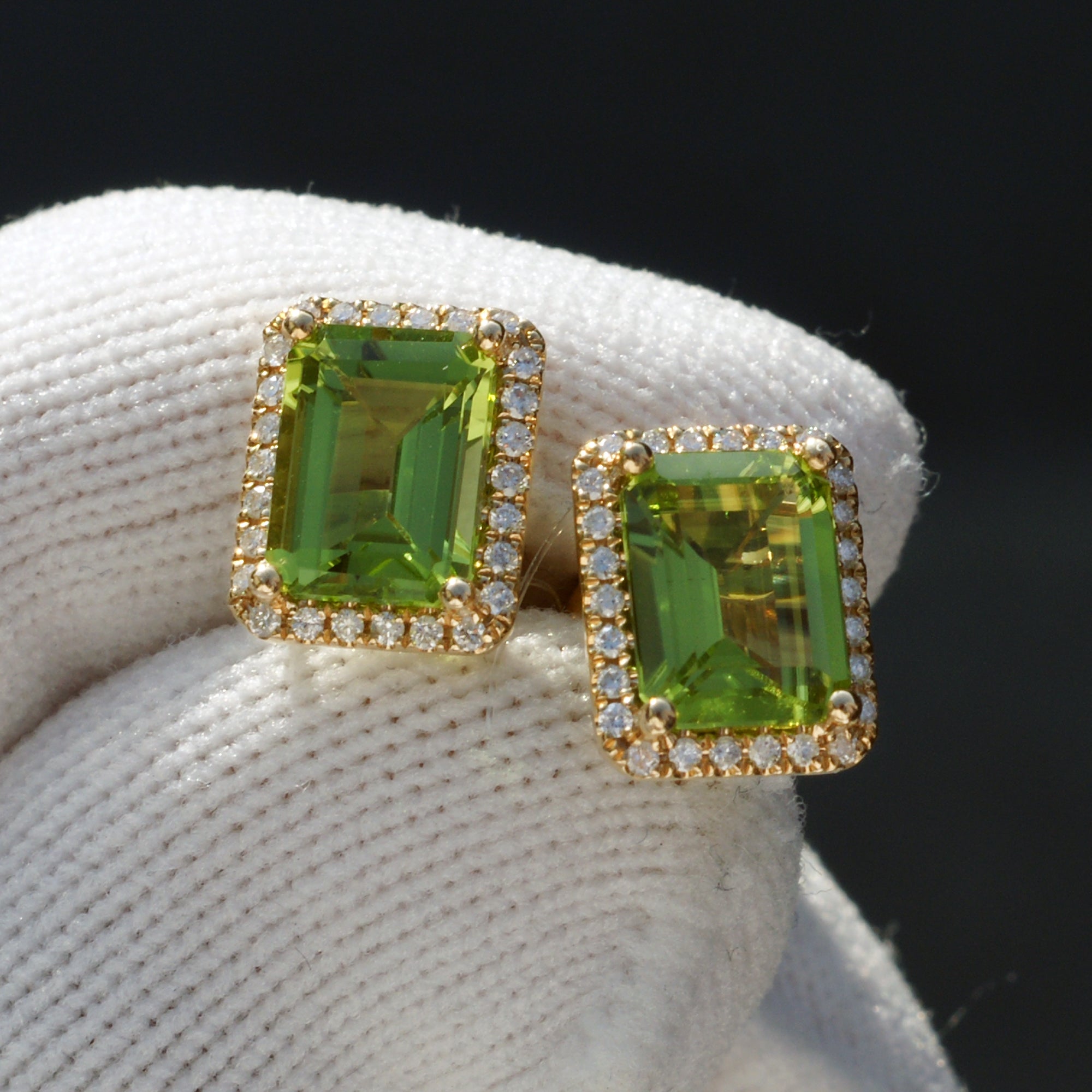 Peridot diamond halo stud earrings in yellow gold all natural gemstones