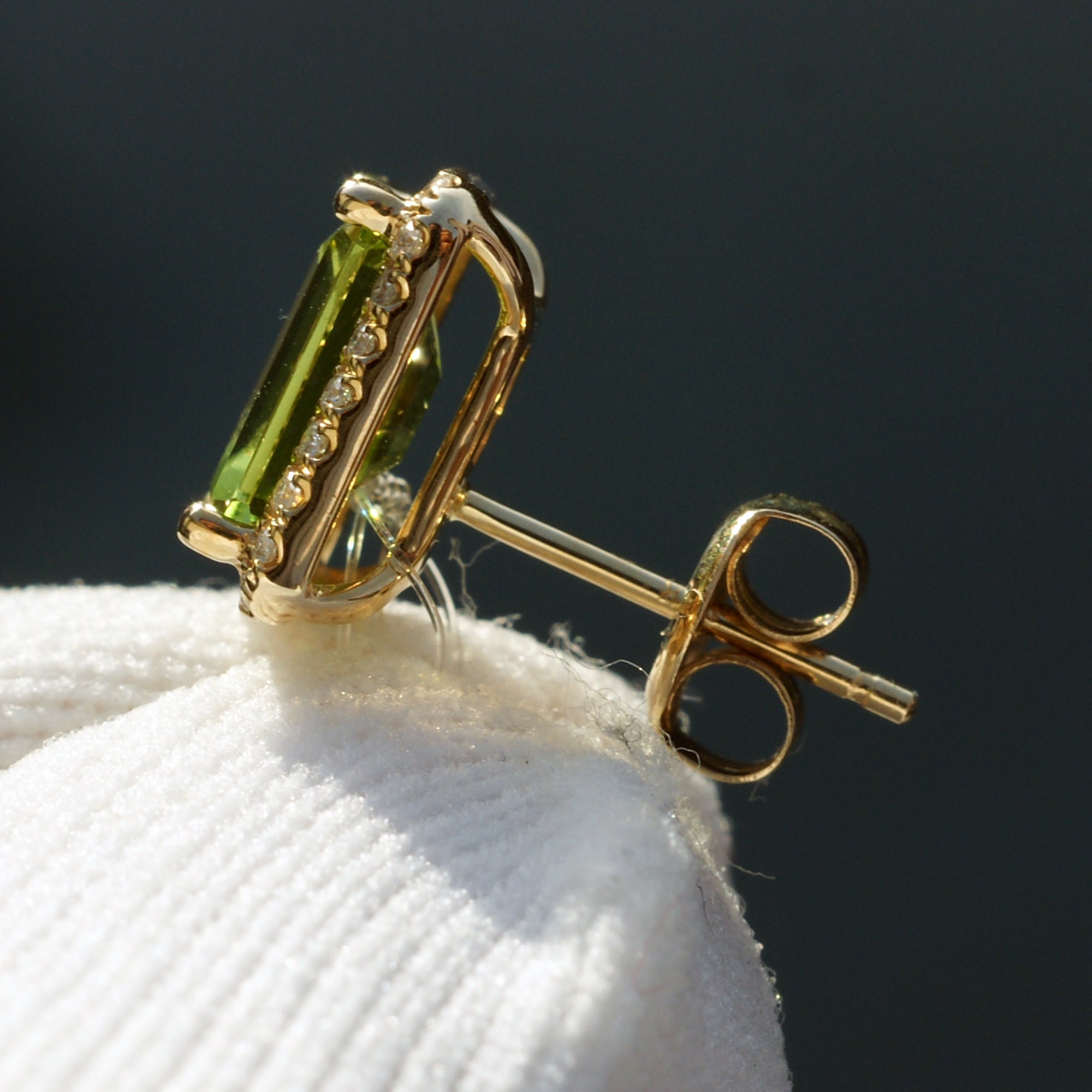 Peridot diamond halo stud earrings in yellow gold all natural gemstones