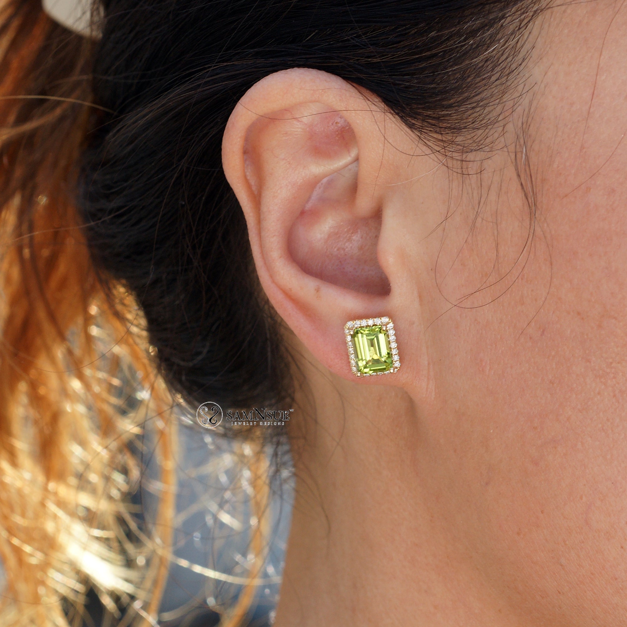 Petite Halo Emerald Cut Peridot Stud Earrings (8x6mm)