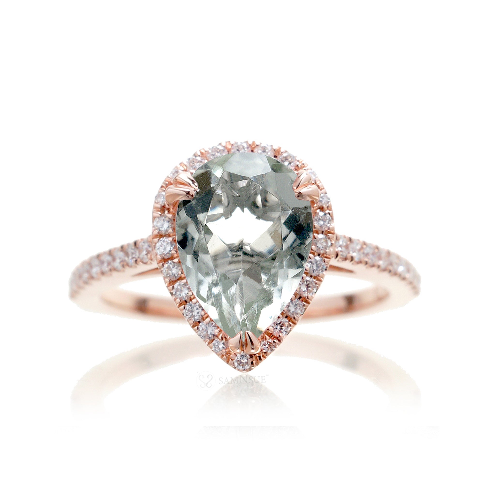 Prasiolite pear cut engagement ring with a diamond halo