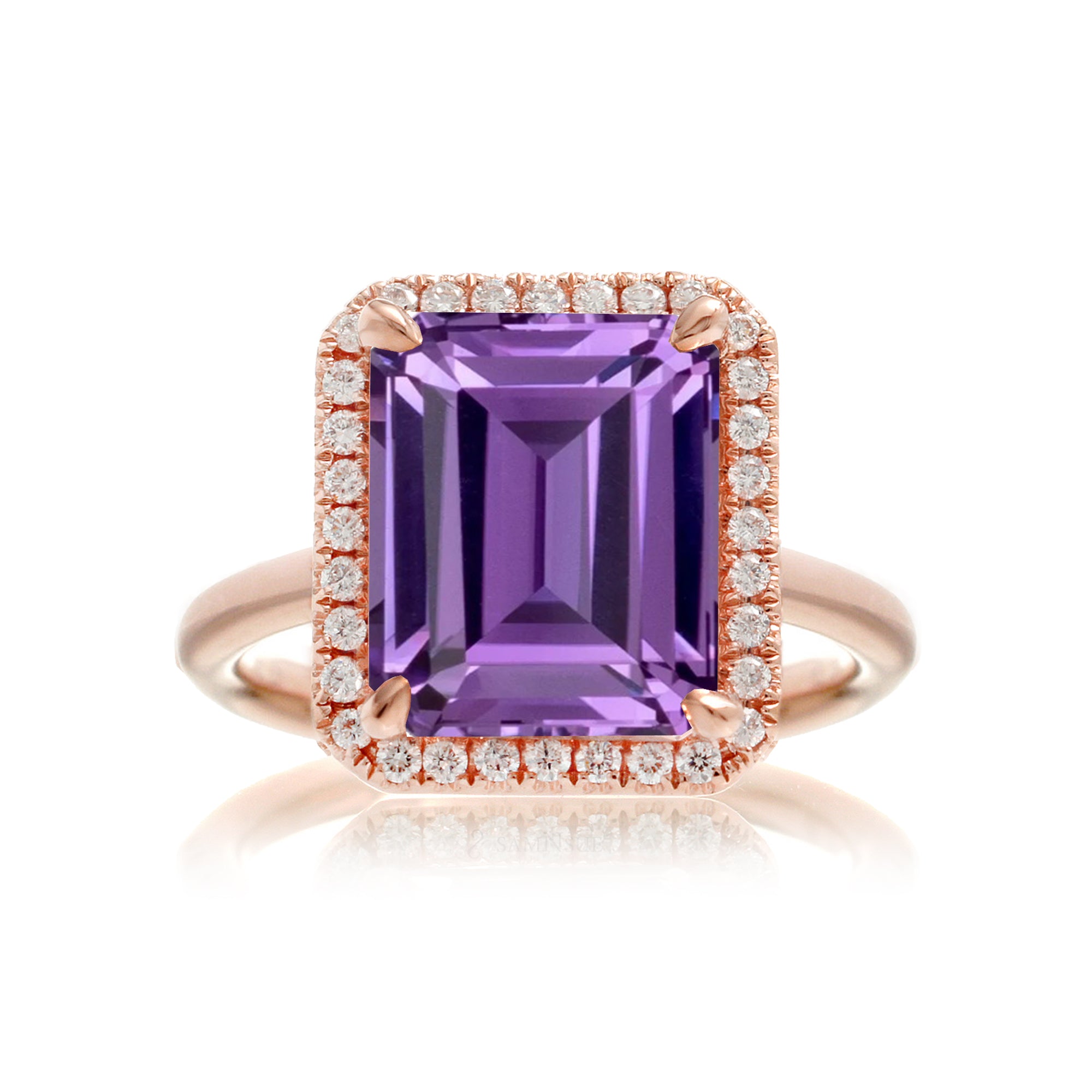 Purple sapphire ring emerald cut diamond halo the Drenched rose gold solid band