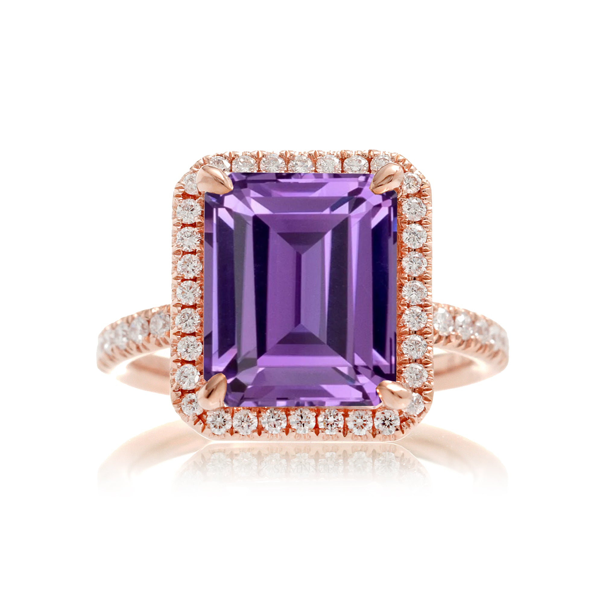 Purple sapphire ring emerald cut diamond halo the Drenched rose gold