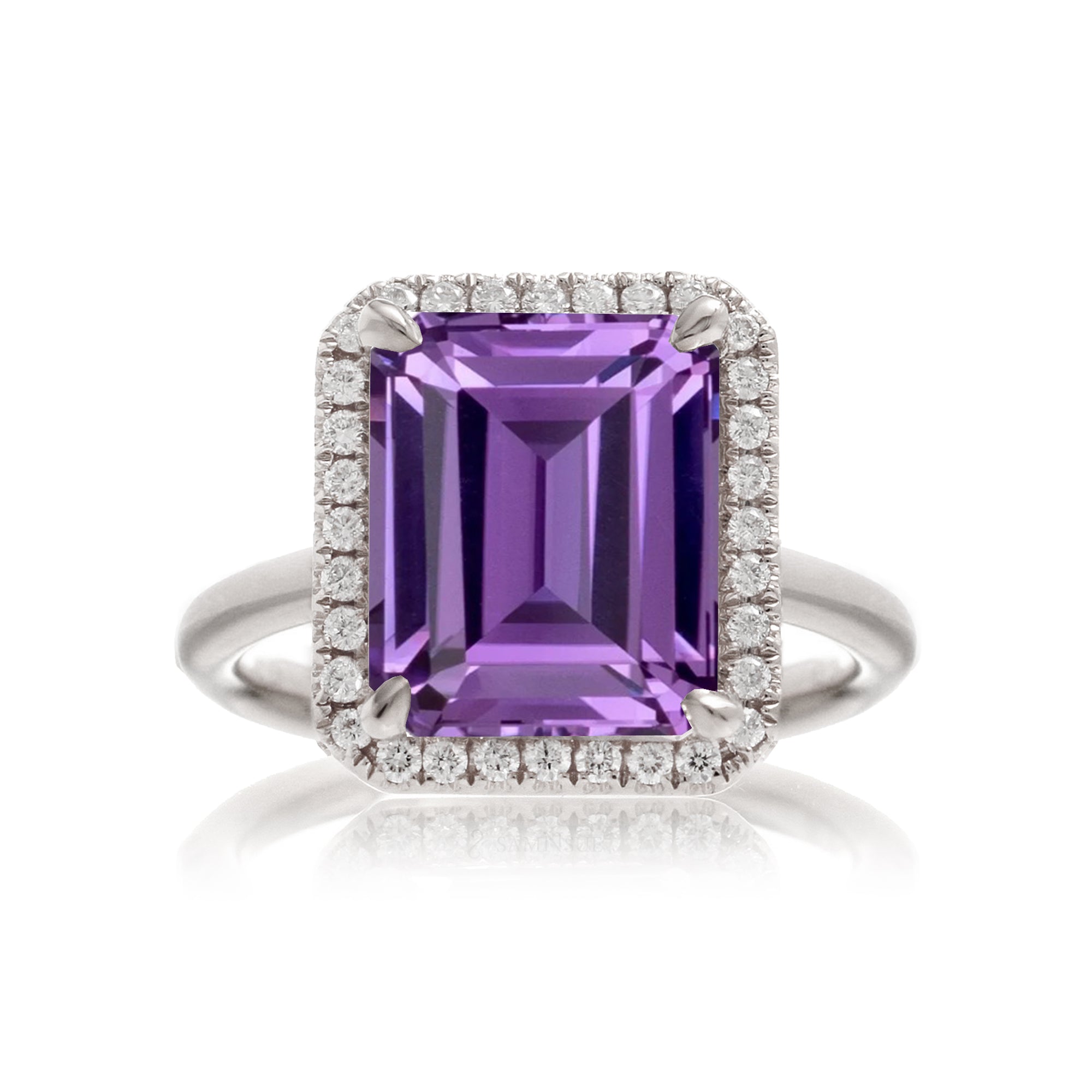 Purple sapphire ring emerald cut diamond halo the Drenched white gold solid band