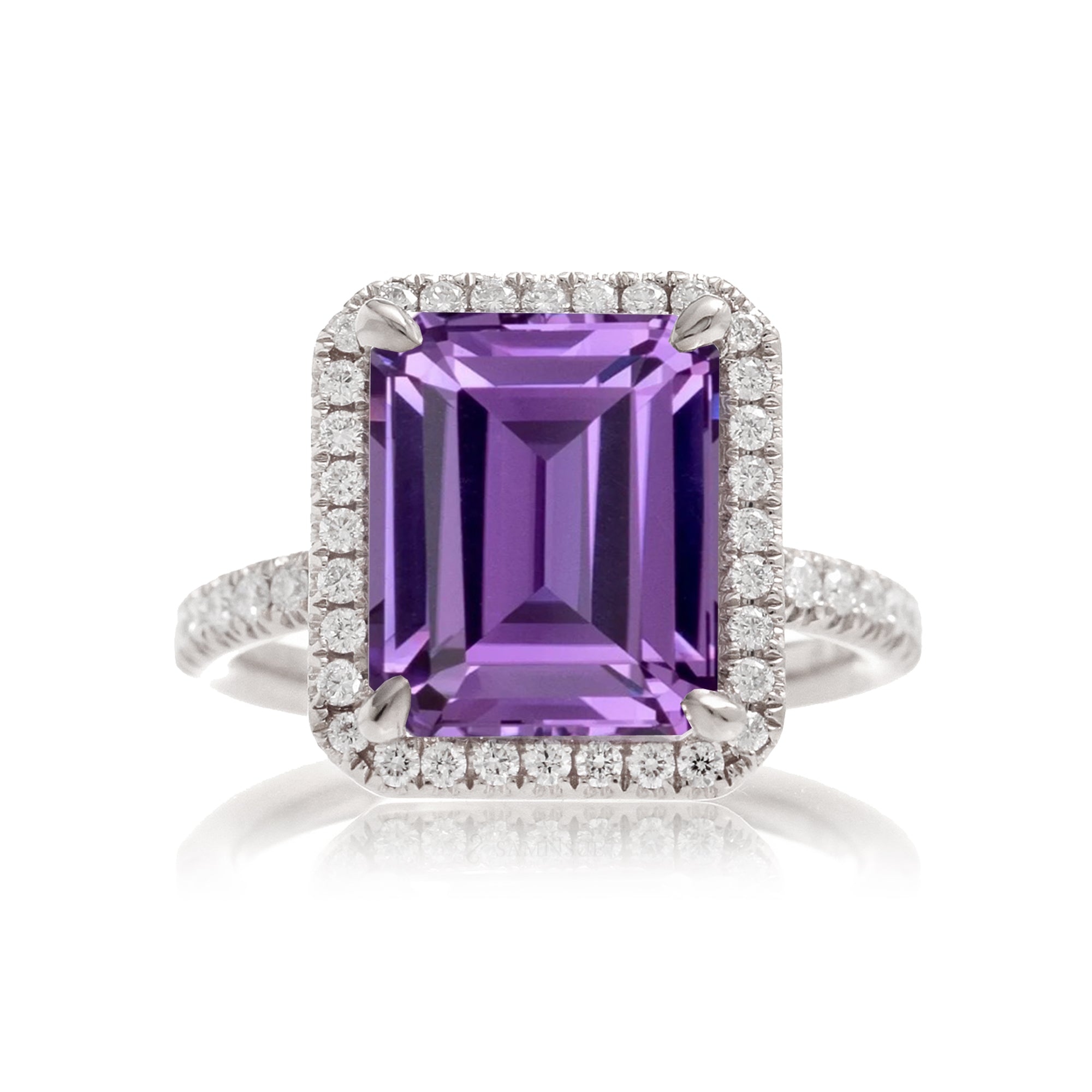 Purple sapphire ring emerald cut diamond halo the Drenched white gold