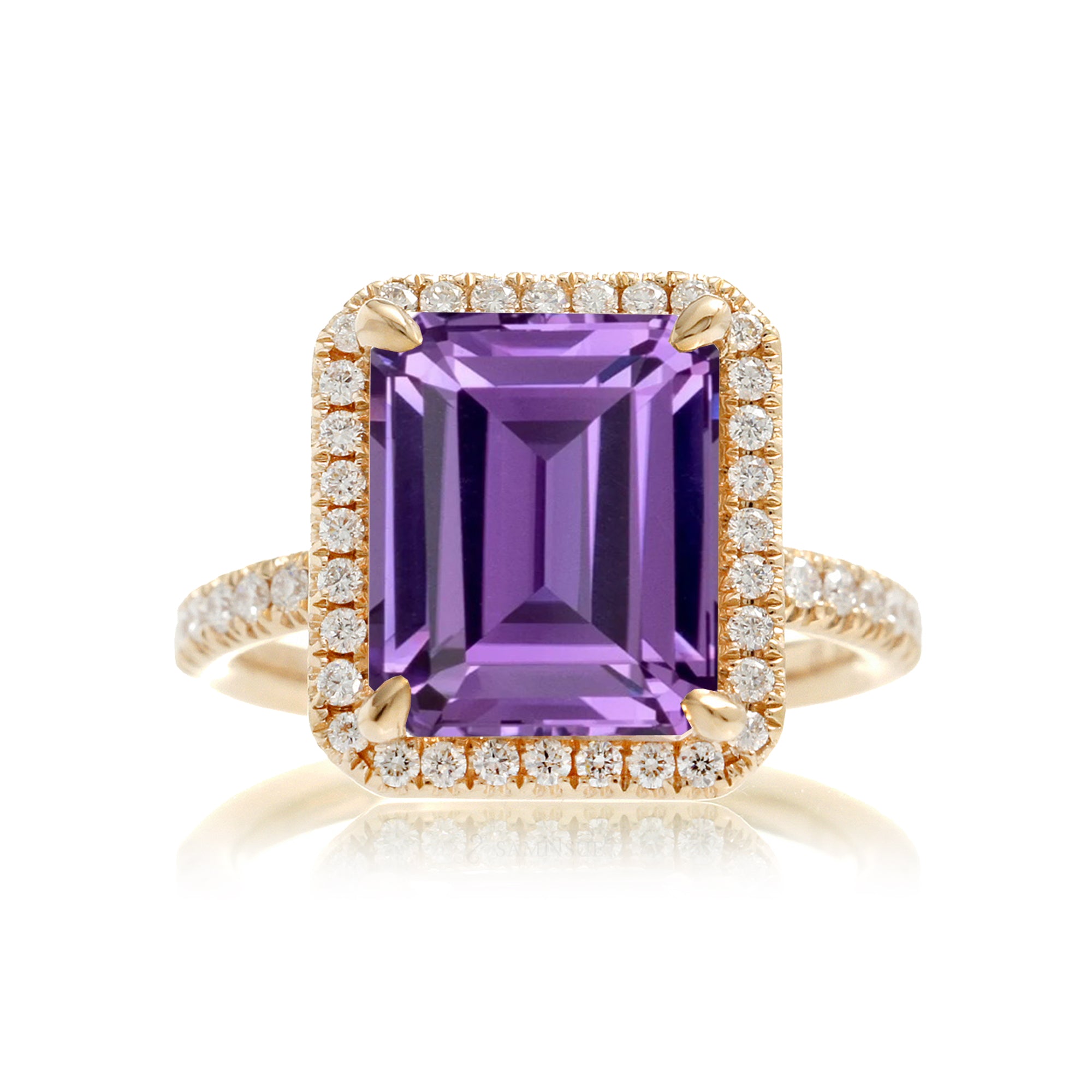 Purple sapphire ring emerald cut diamond halo the Drenched yellow gold