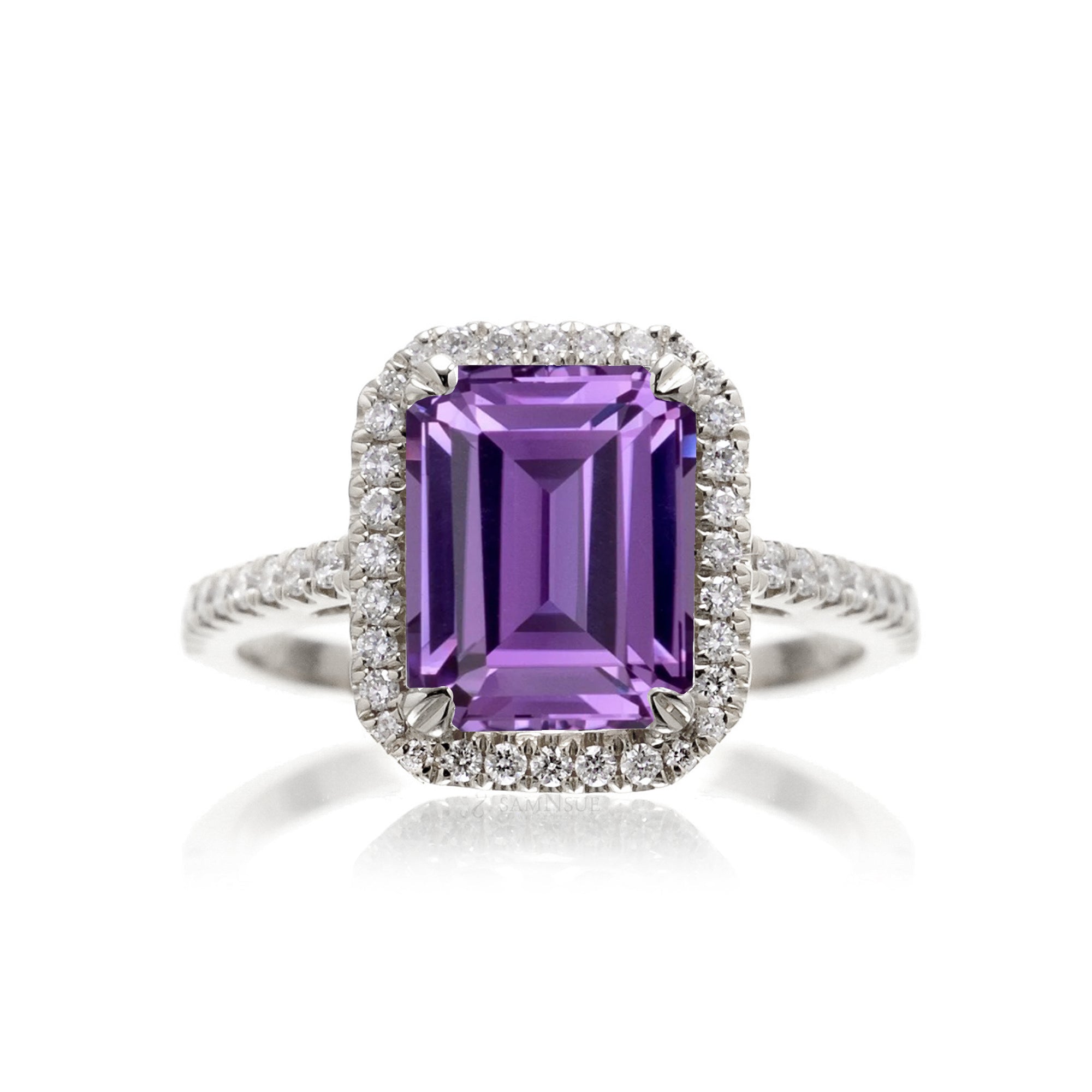 Purple sapphire amethyst engagement ring with diamond halo