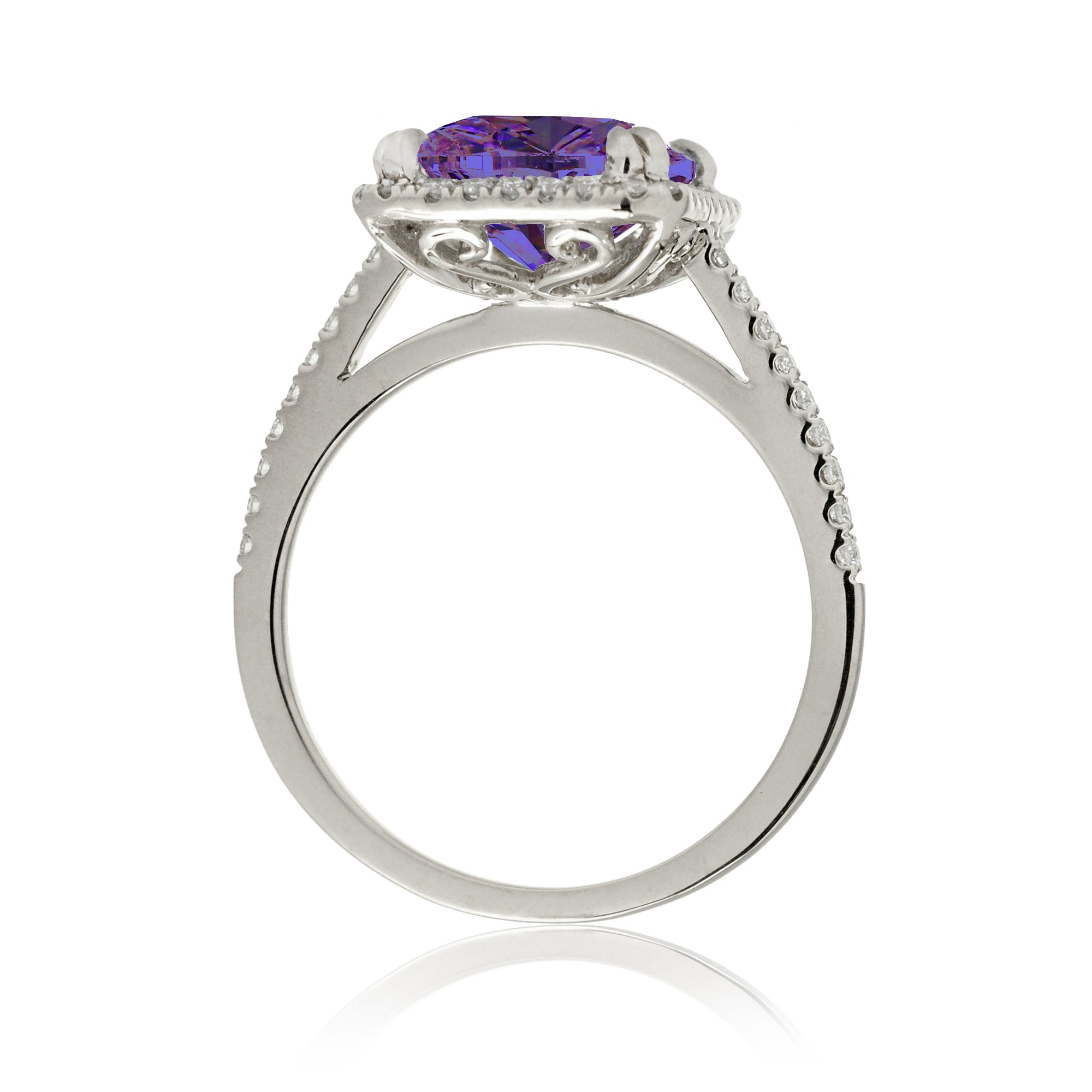 Purple sapphire amethyst engagement ring with diamond halo