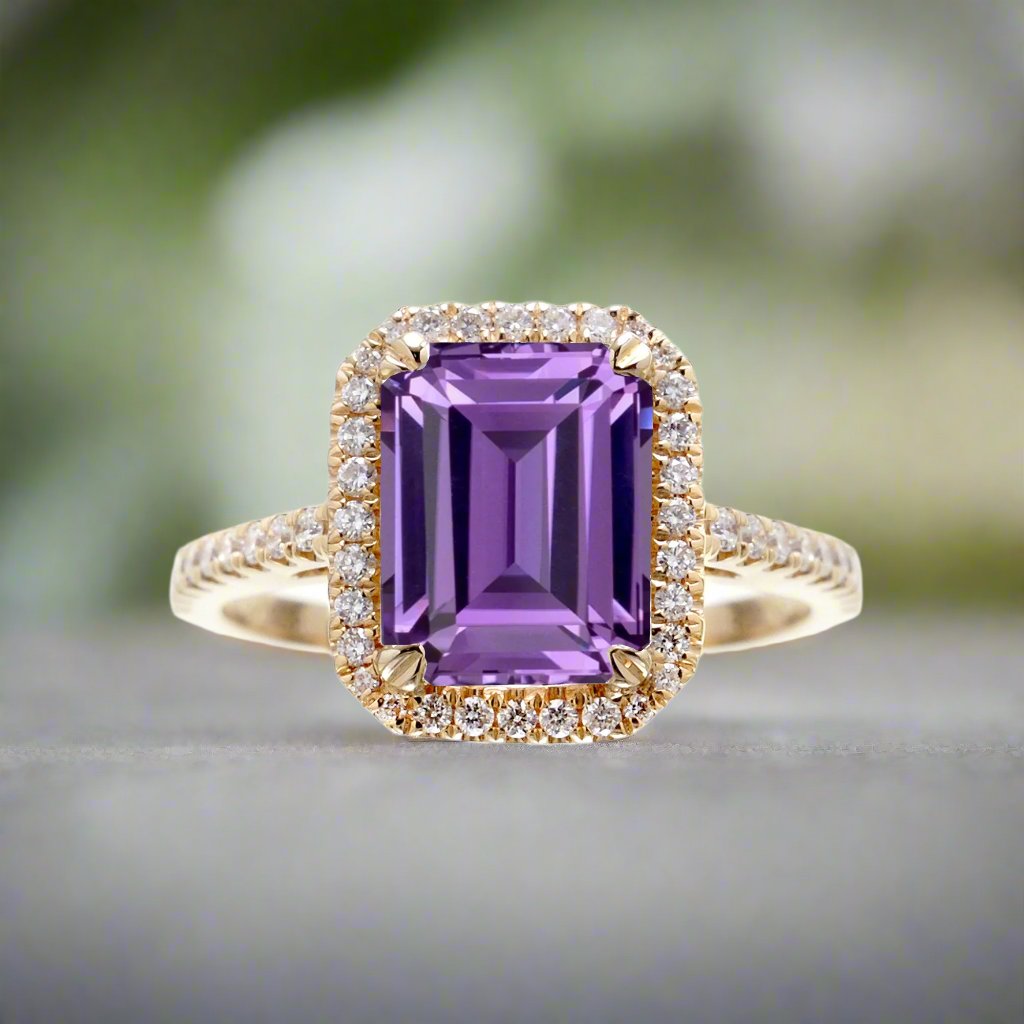 Purple sapphire amethyst engagement ring with diamond halo