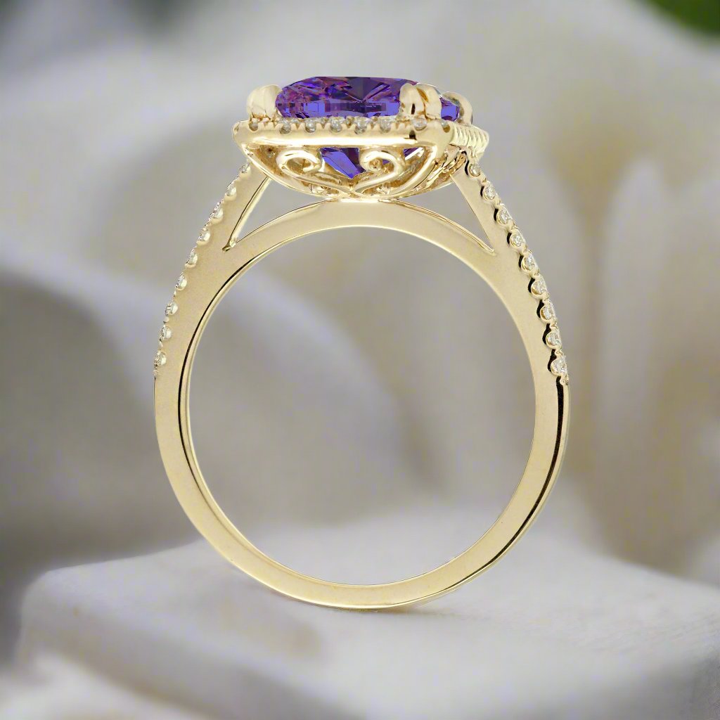 Purple sapphire amethyst engagement ring with diamond halo