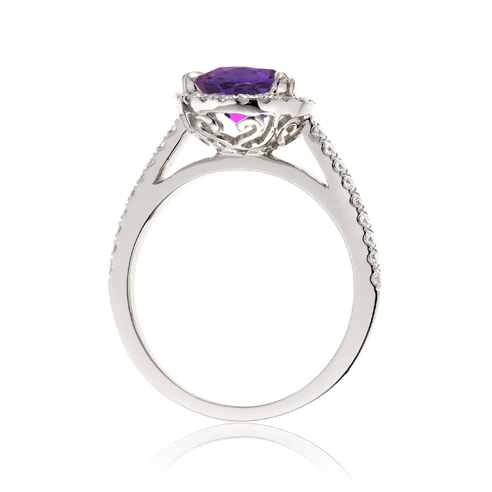 Oval cut amethyst purple sapphire engagement ring with a diamond halo in white gold