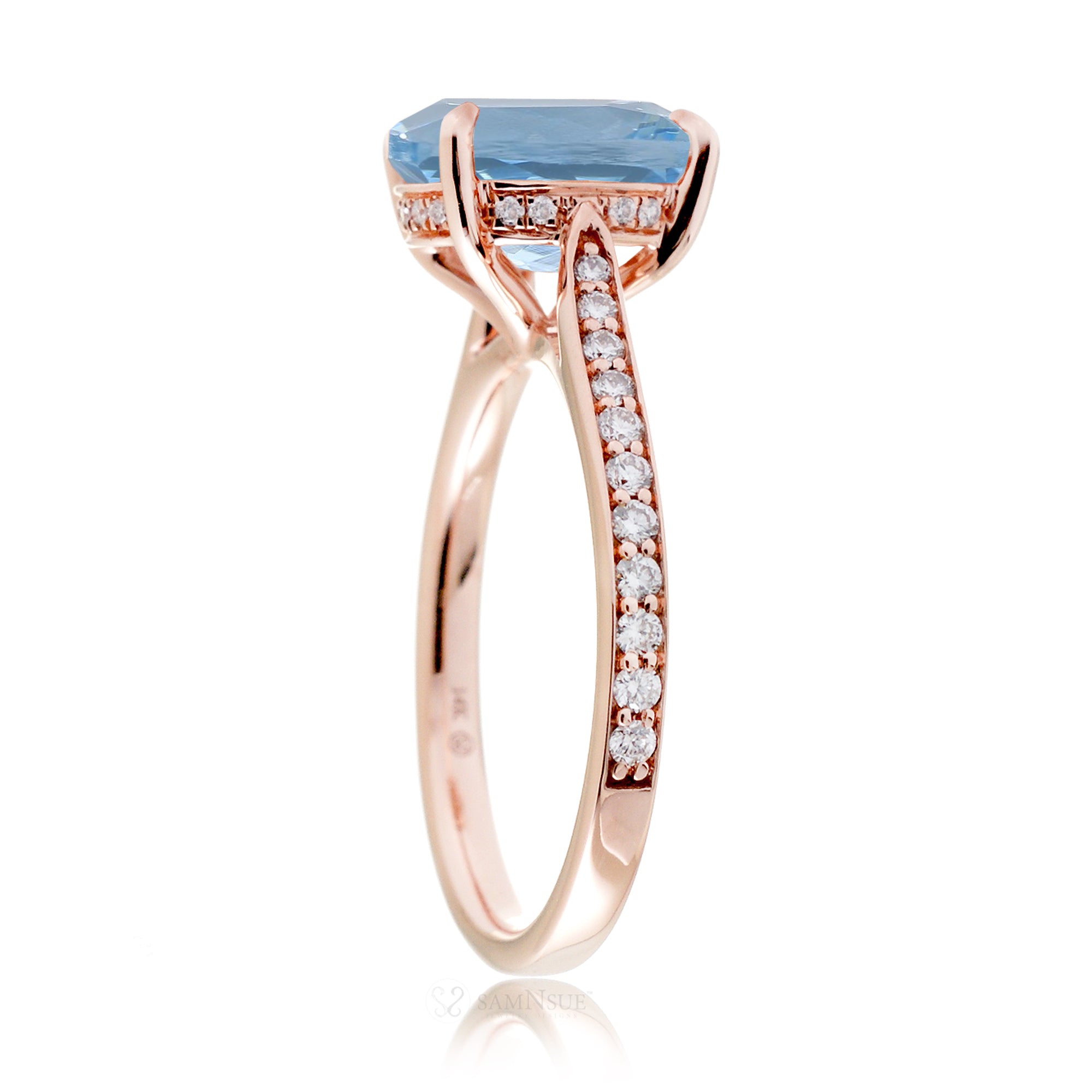 Round aquamarine solitaire engagement ring with diamond on the band and hidden halo - the Emily rose gold