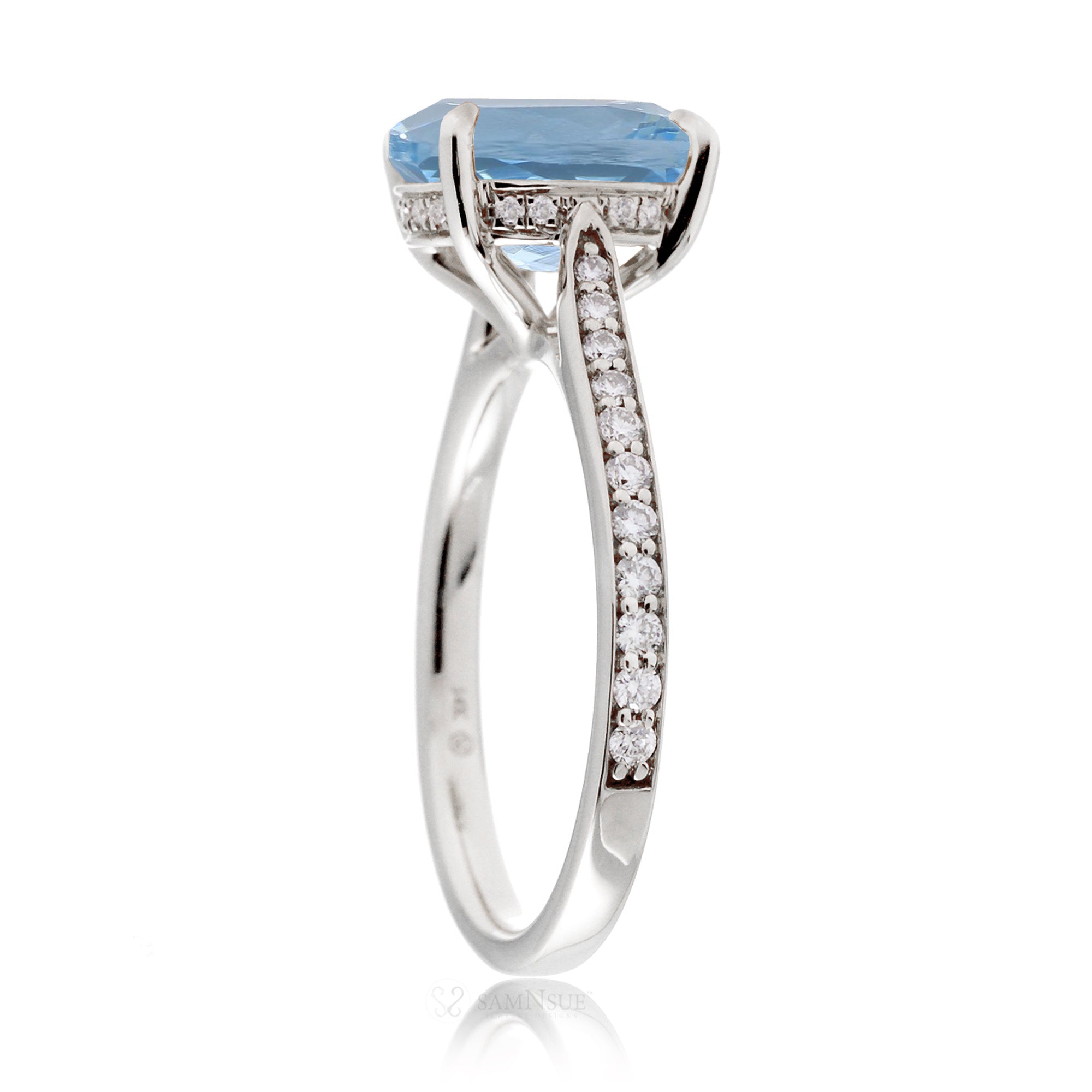 Round aquamarine solitaire engagement ring with diamond on the band and hidden halo - the Emily white gold