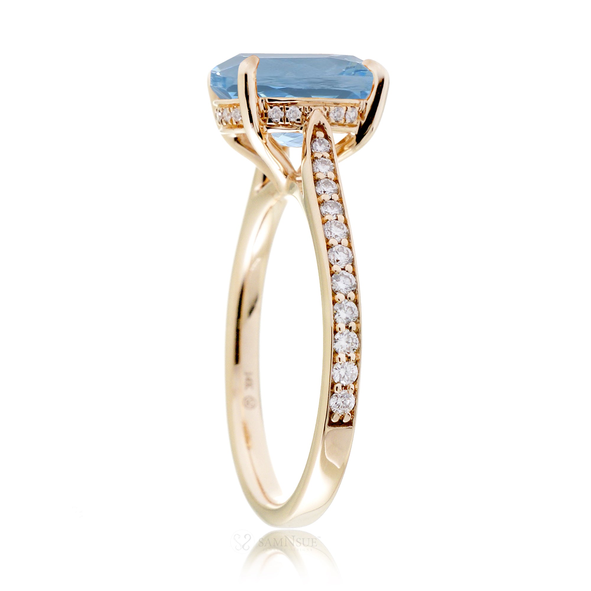 Round aquamarine solitaire engagement ring with diamond on the band and hidden halo - the Emily yellow gold