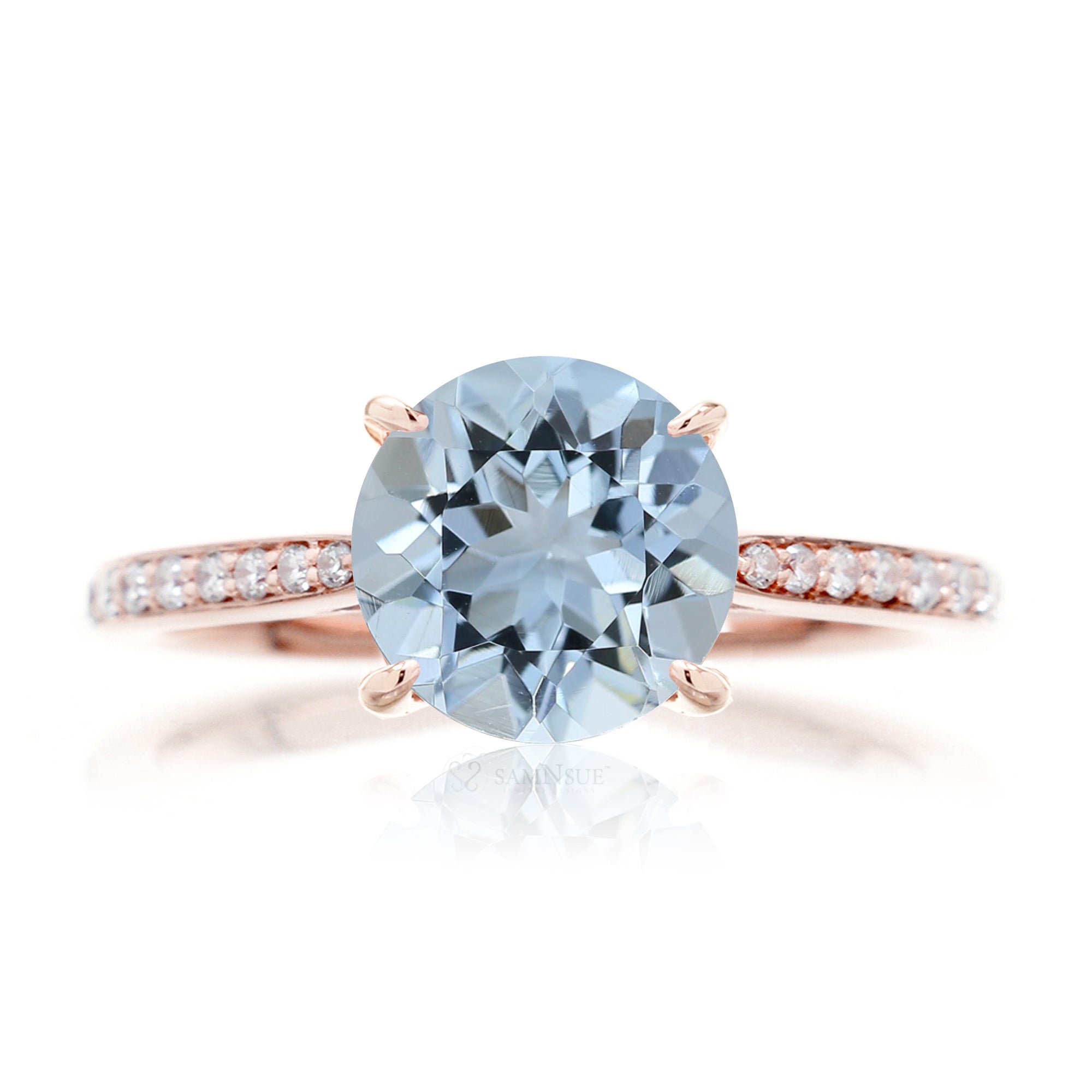 Round aquamarine solitaire engagement ring with a diamond band  - the Emily rose gold