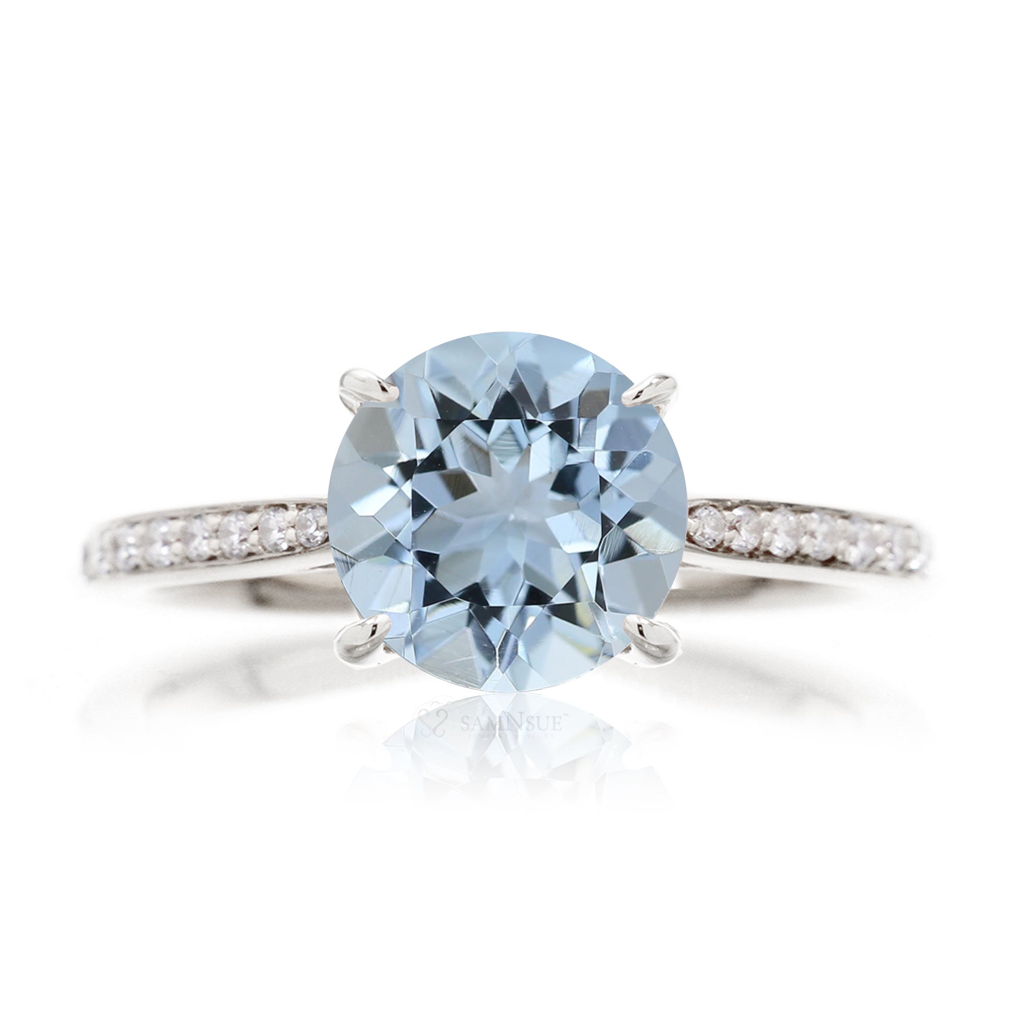 Round aquamarine solitaire engagement ring with a diamond band  - the Emily white gold