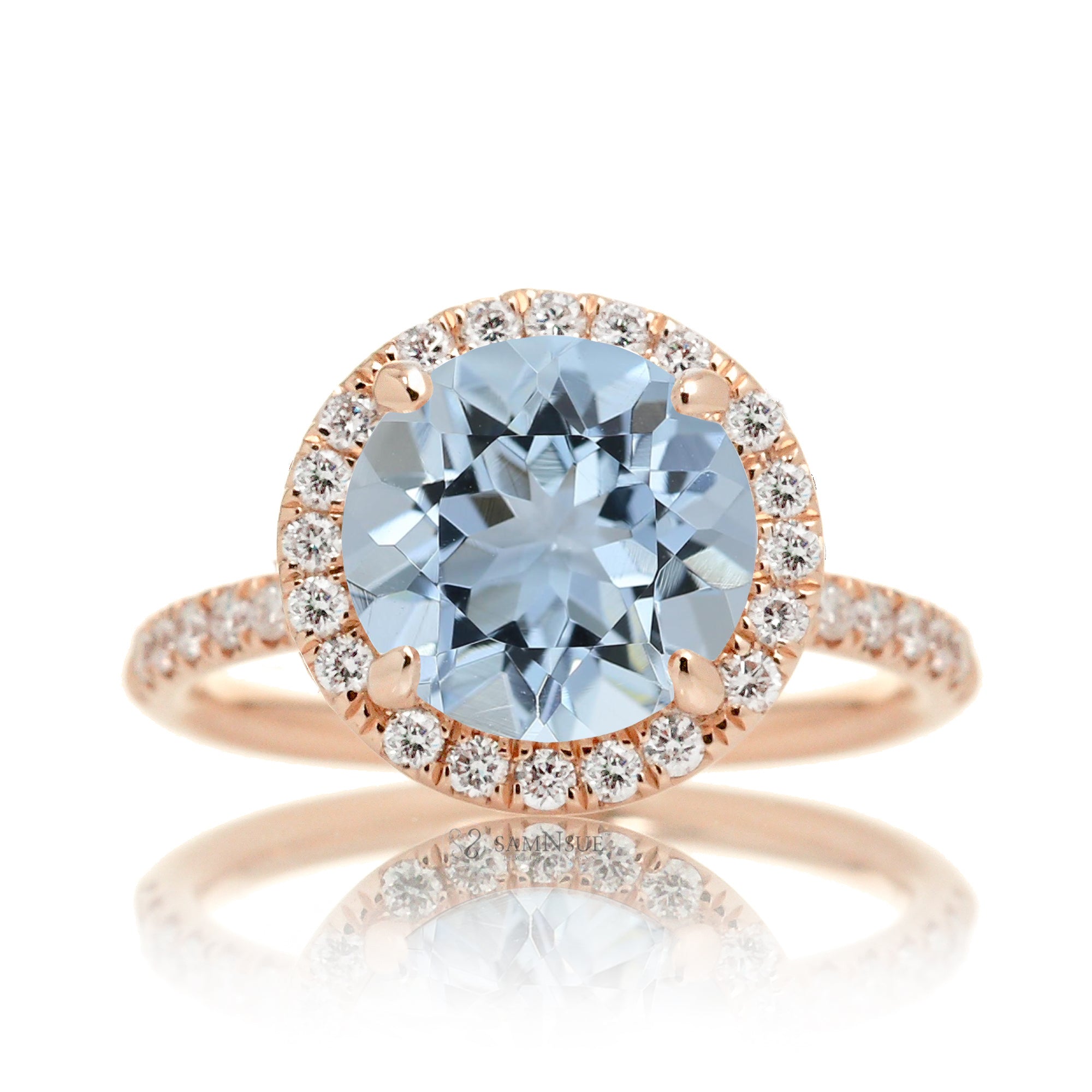 Round cut aquamarine engagement ring the Drenched rose gold