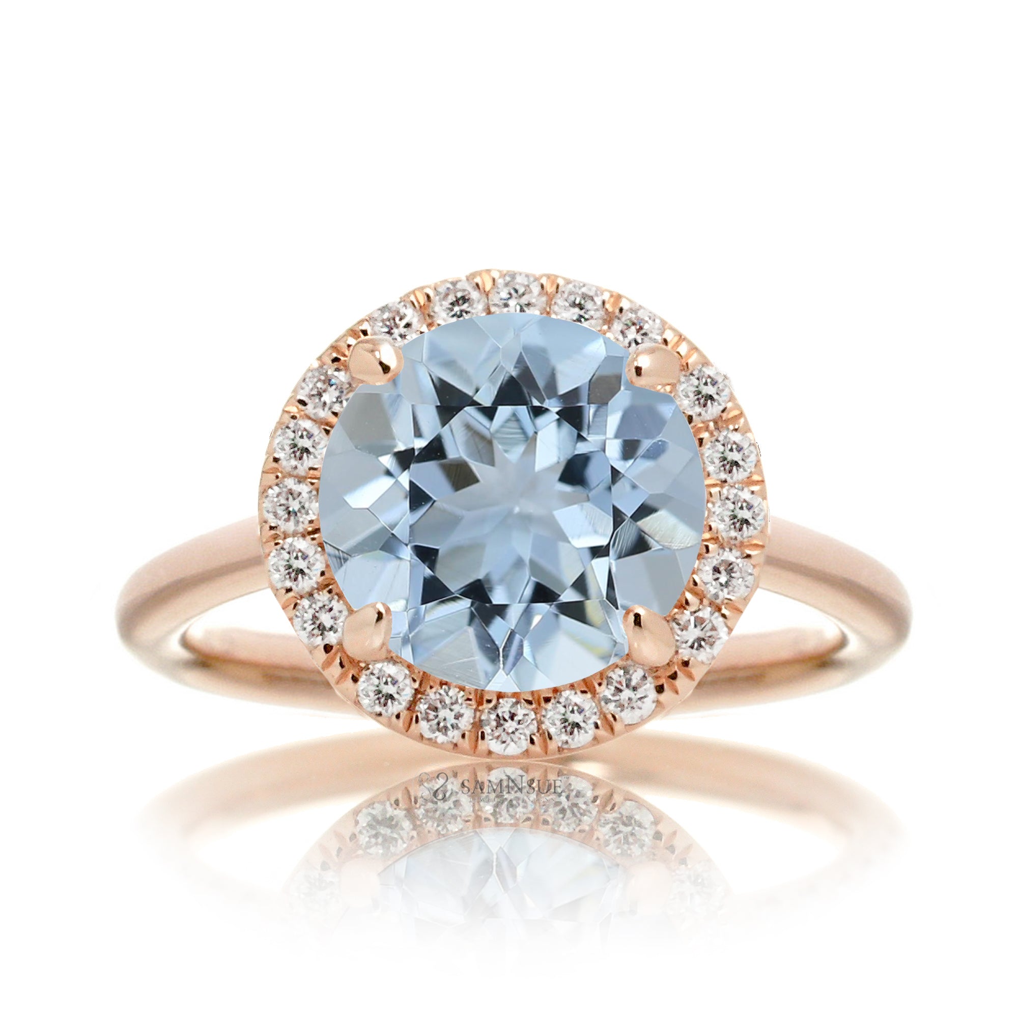 Round cut aquamarine engagement ring the Drenched rose gold solid band