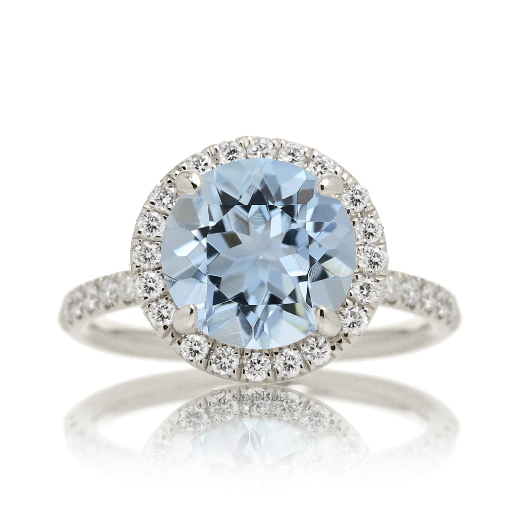 Round cut aquamarine engagement ring the Drenched white gold