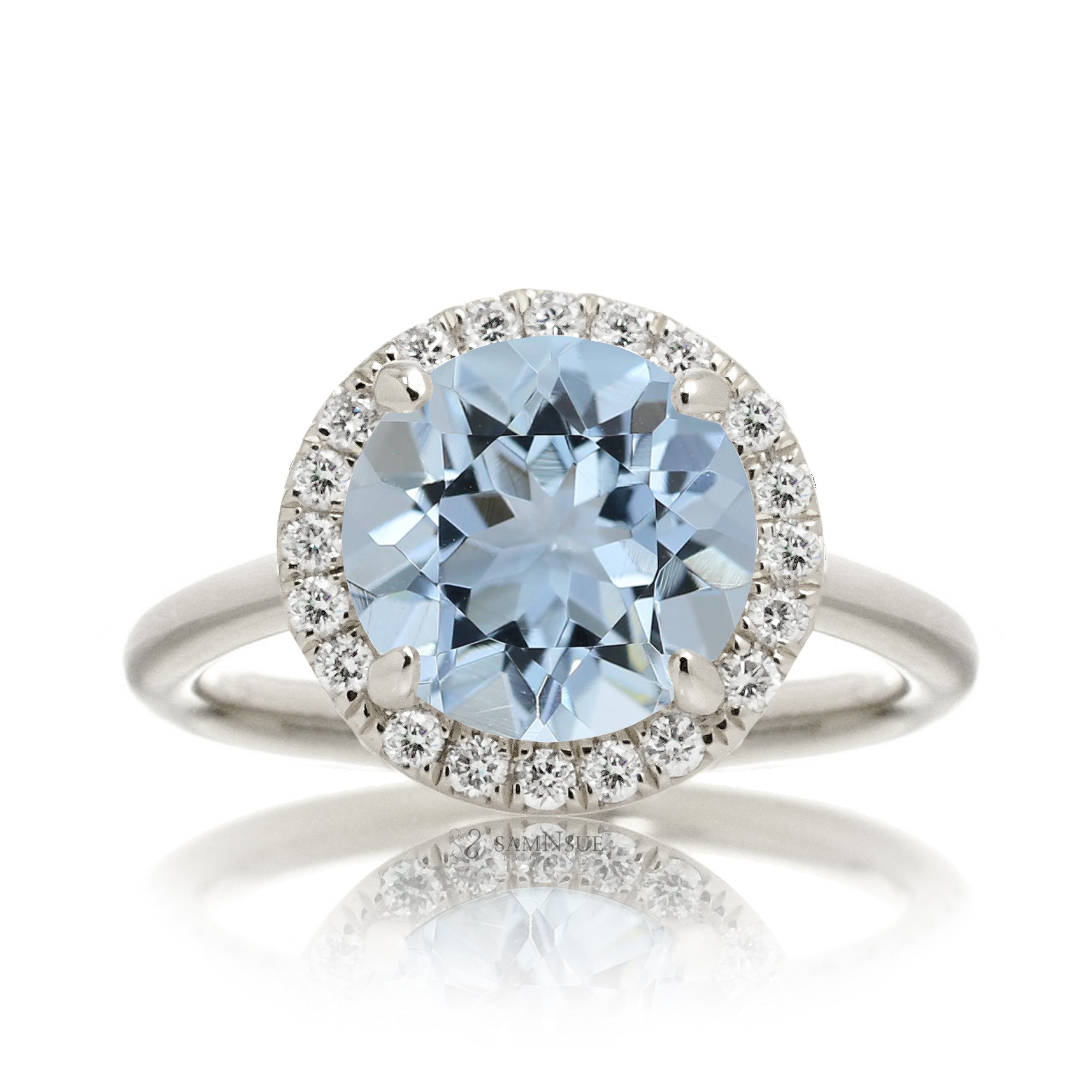 Round cut aquamarine engagement ring the Drenched white gold solid band