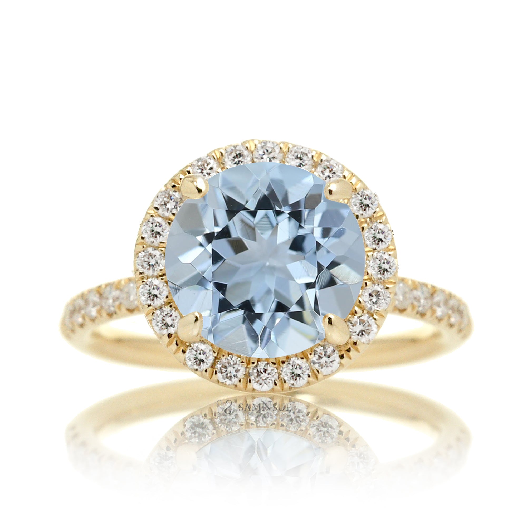 Round cut aquamarine engagement ring the Drenched yellow gold