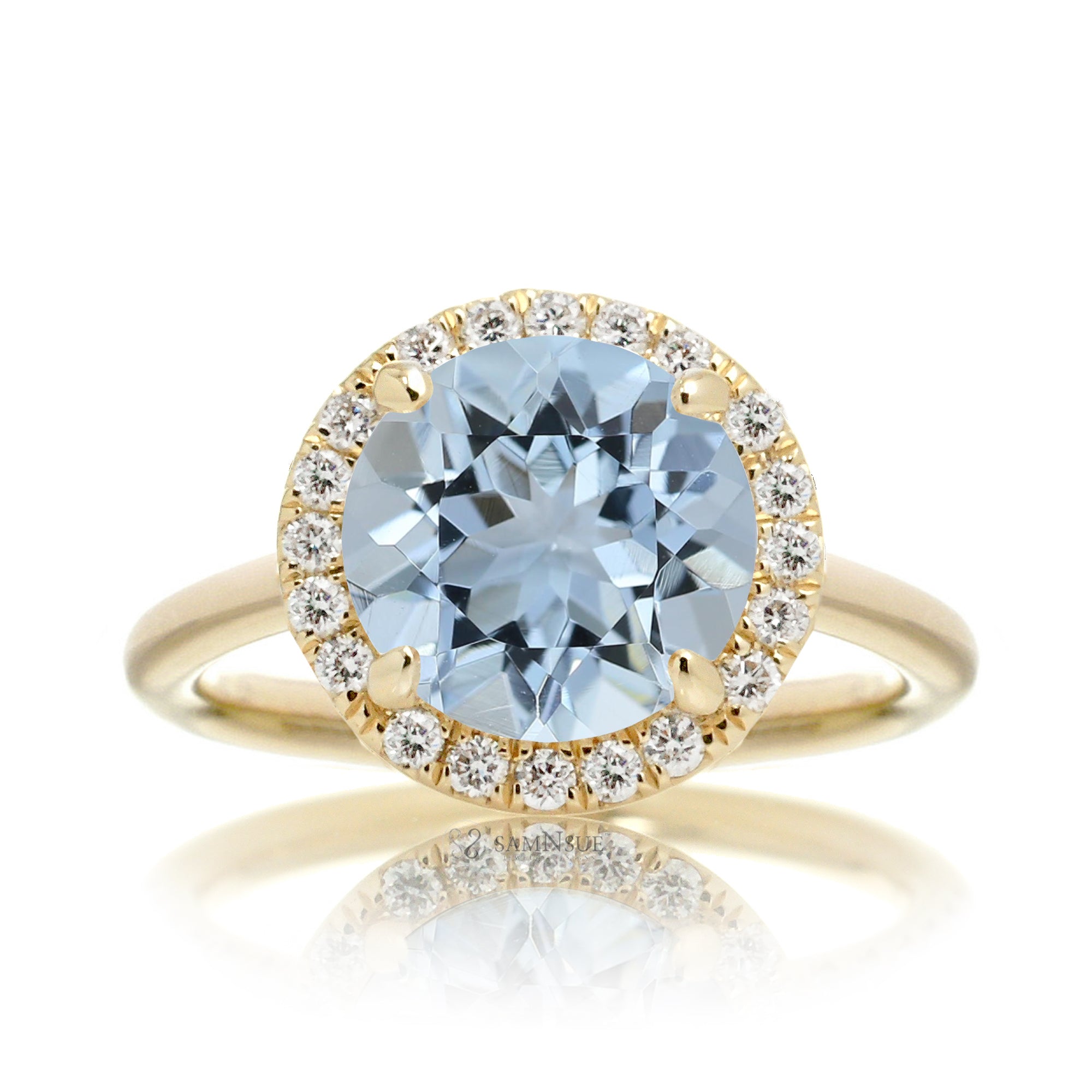 Round cut aquamarine engagement ring the Drenched yellow gold solid band