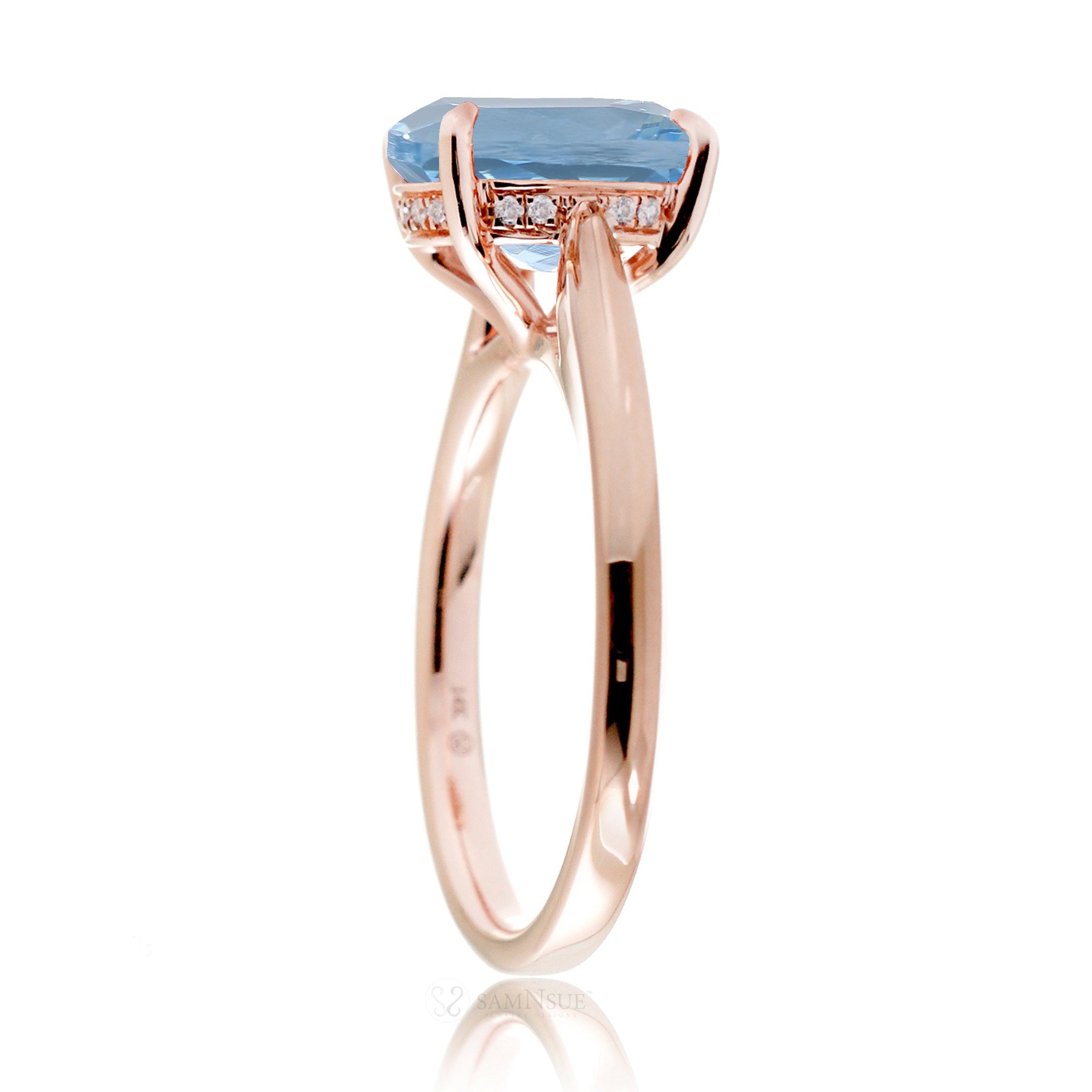 Round aquamarine solitaire engagement ring with a solid band and hidden halo - the Emily rose gold