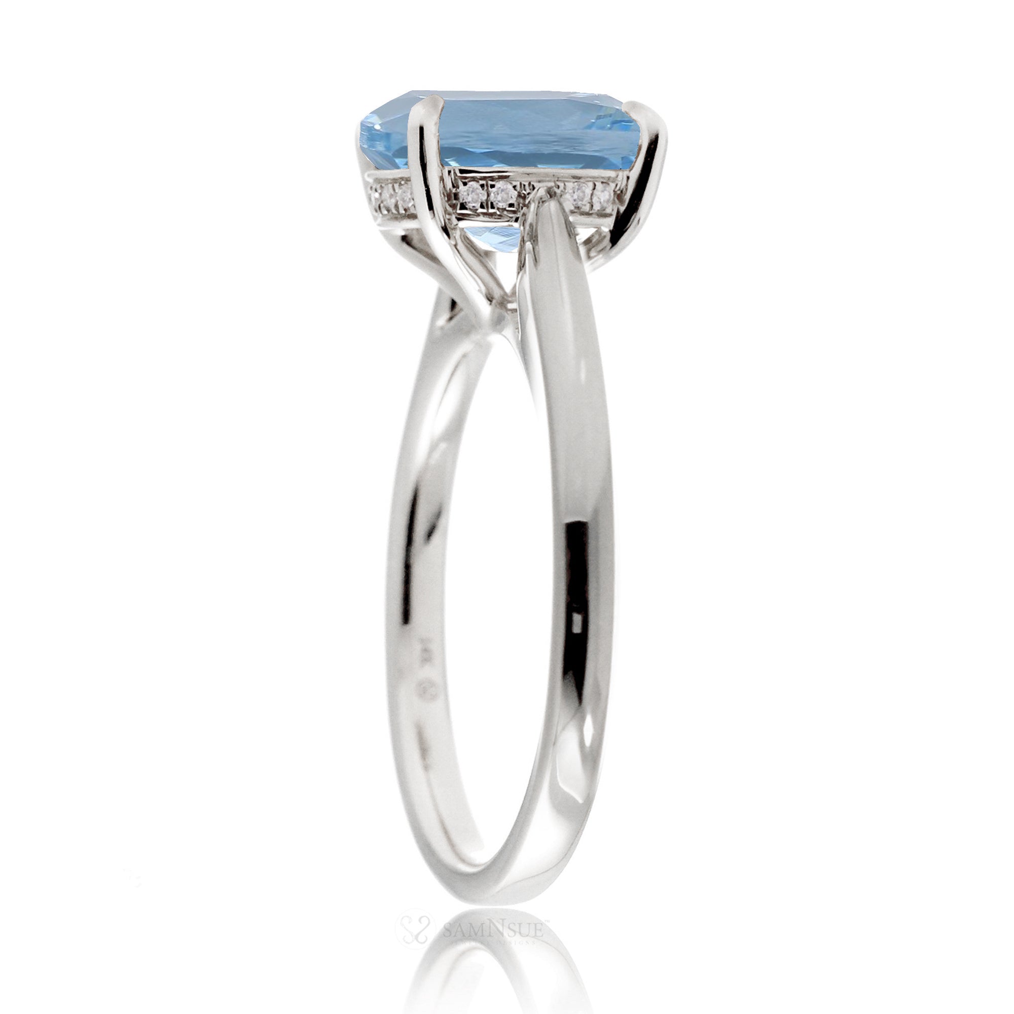 Round aquamarine solitaire engagement ring with a solid band and hidden halo - the Emily white gold