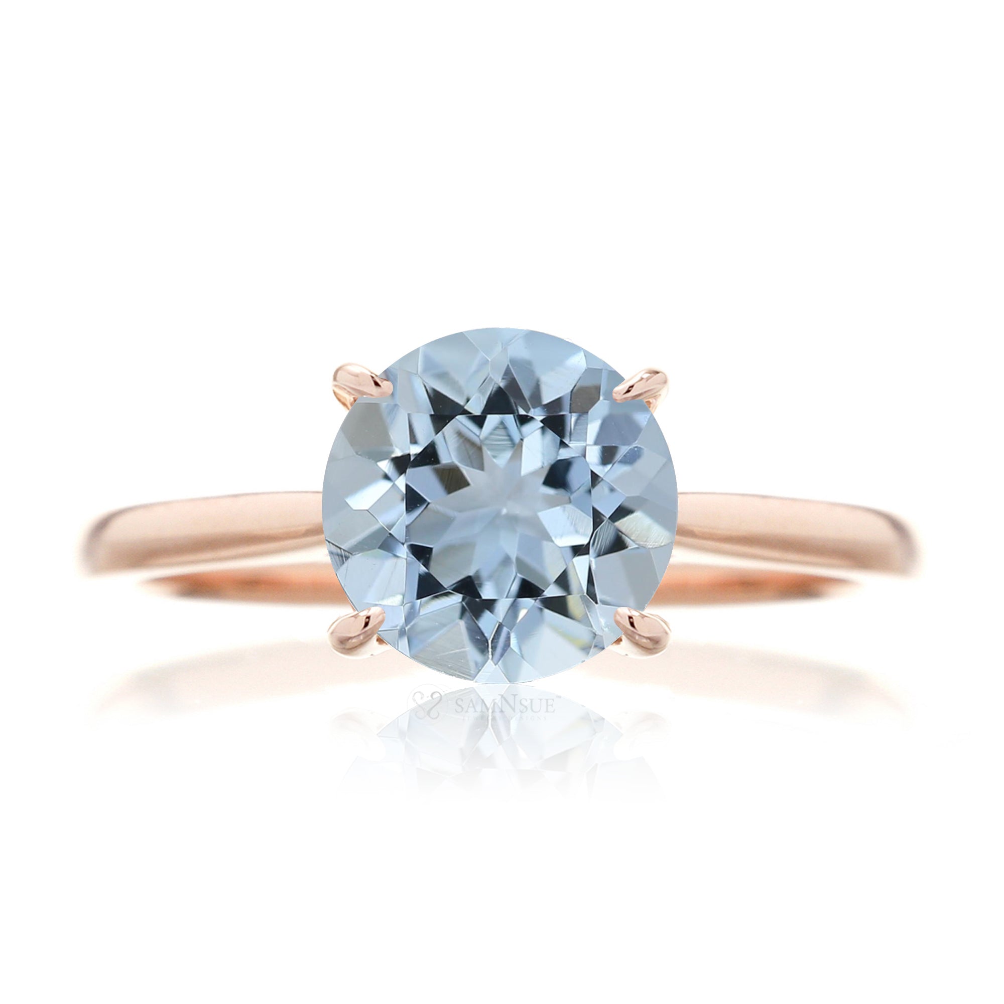 Round aquamarine solitaire engagement ring with a solid band  - the Emily rose gold