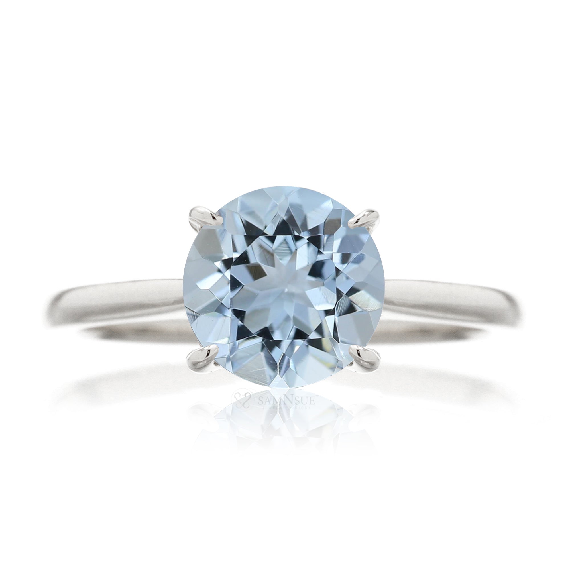 Round aquamarine solitaire engagement ring with a solid band  - the Emily white gold