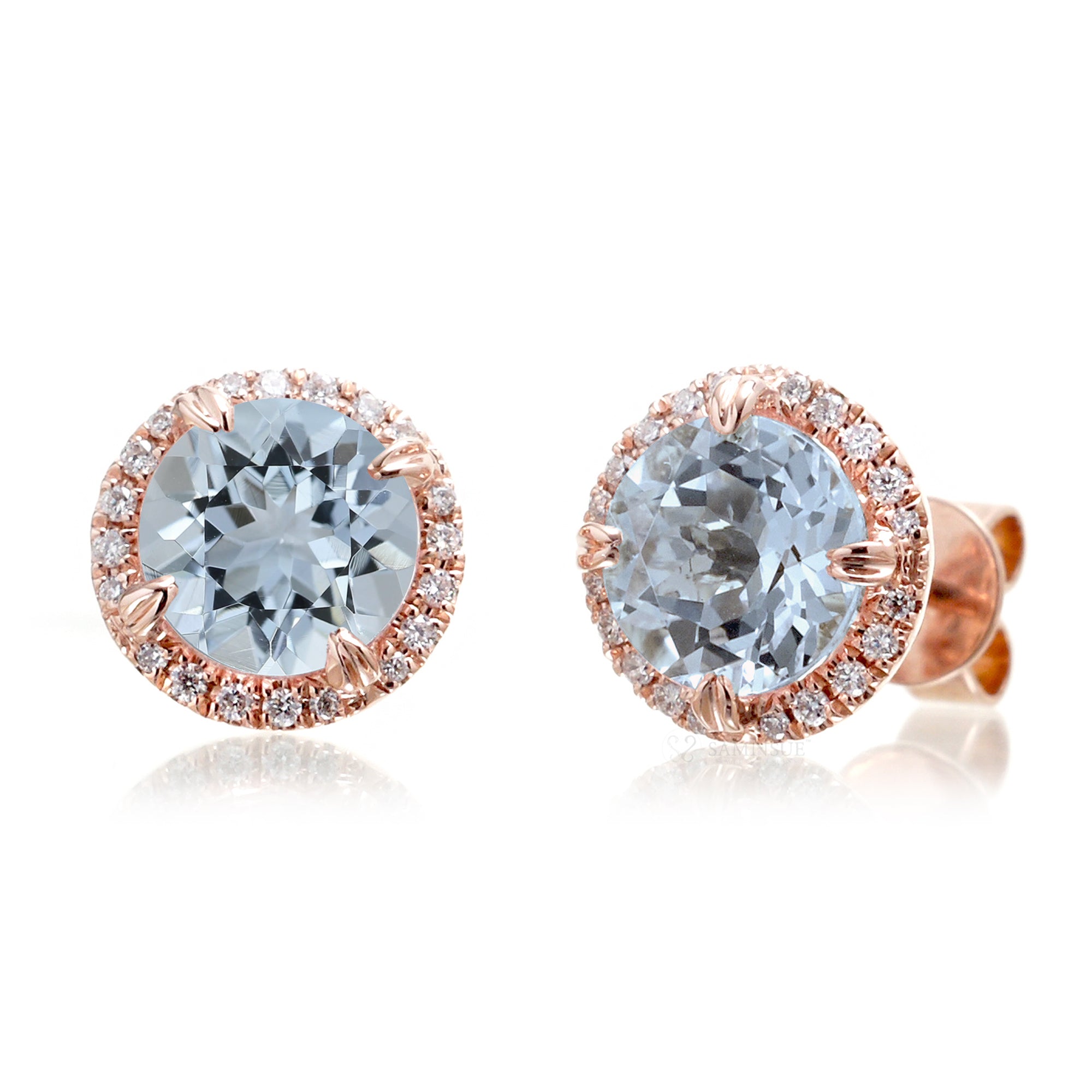 Round aquamarine stud earrings with diamond halo in rose gold