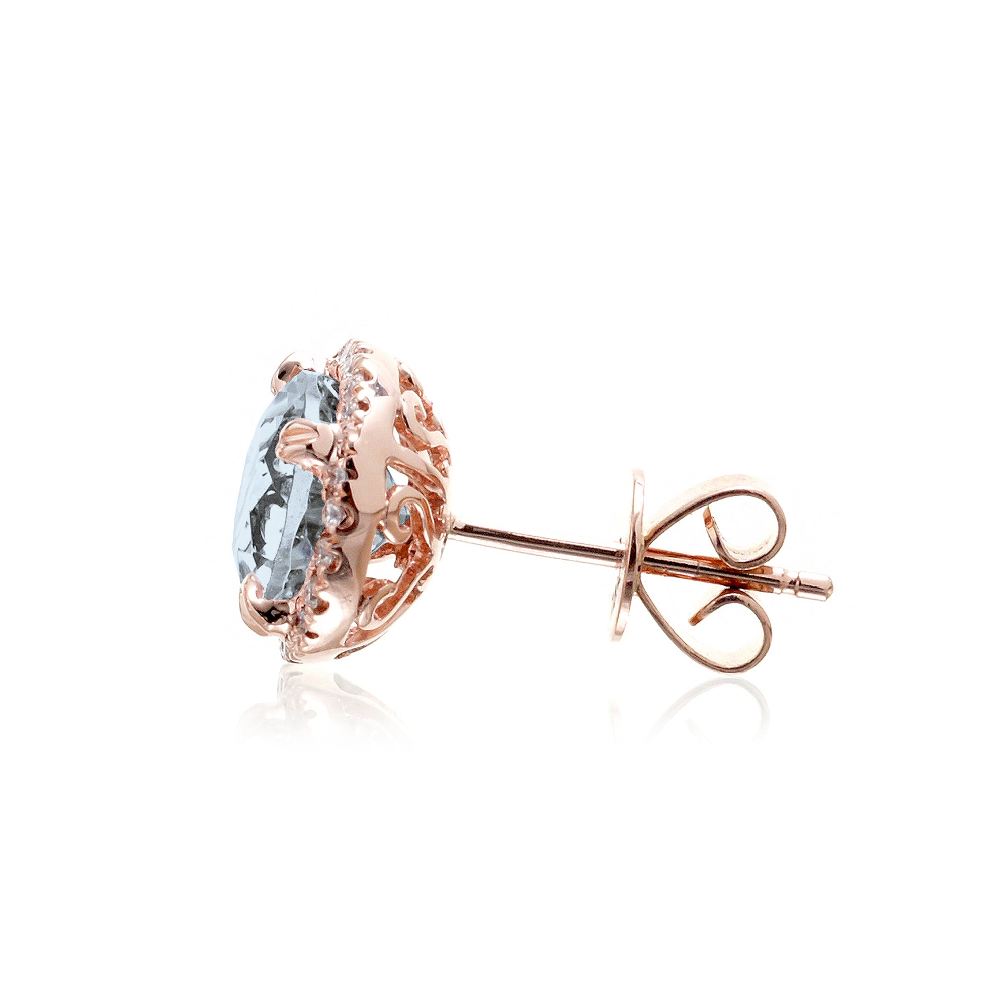 Round aquamarine stud earrings with diamond halo in rose gold