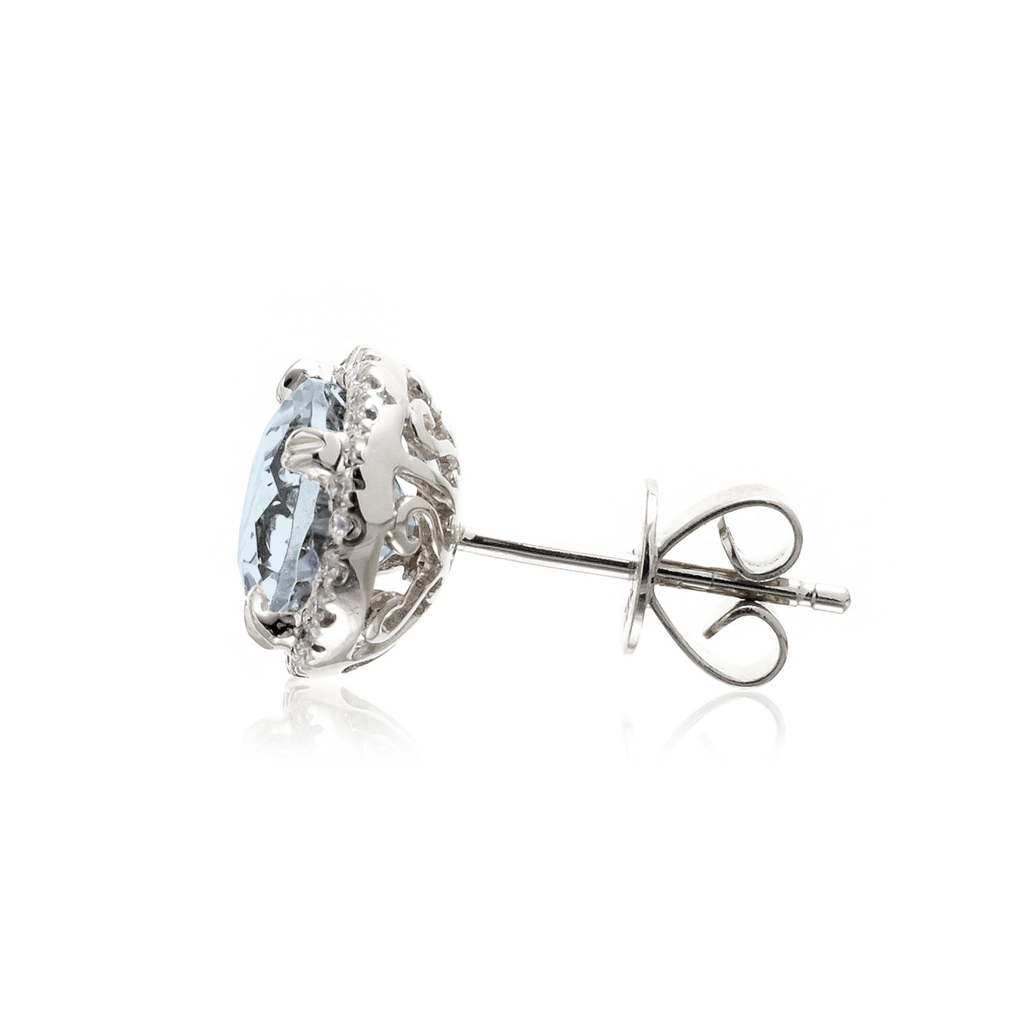 Round aquamarine stud earrings with diamond halo in white gold