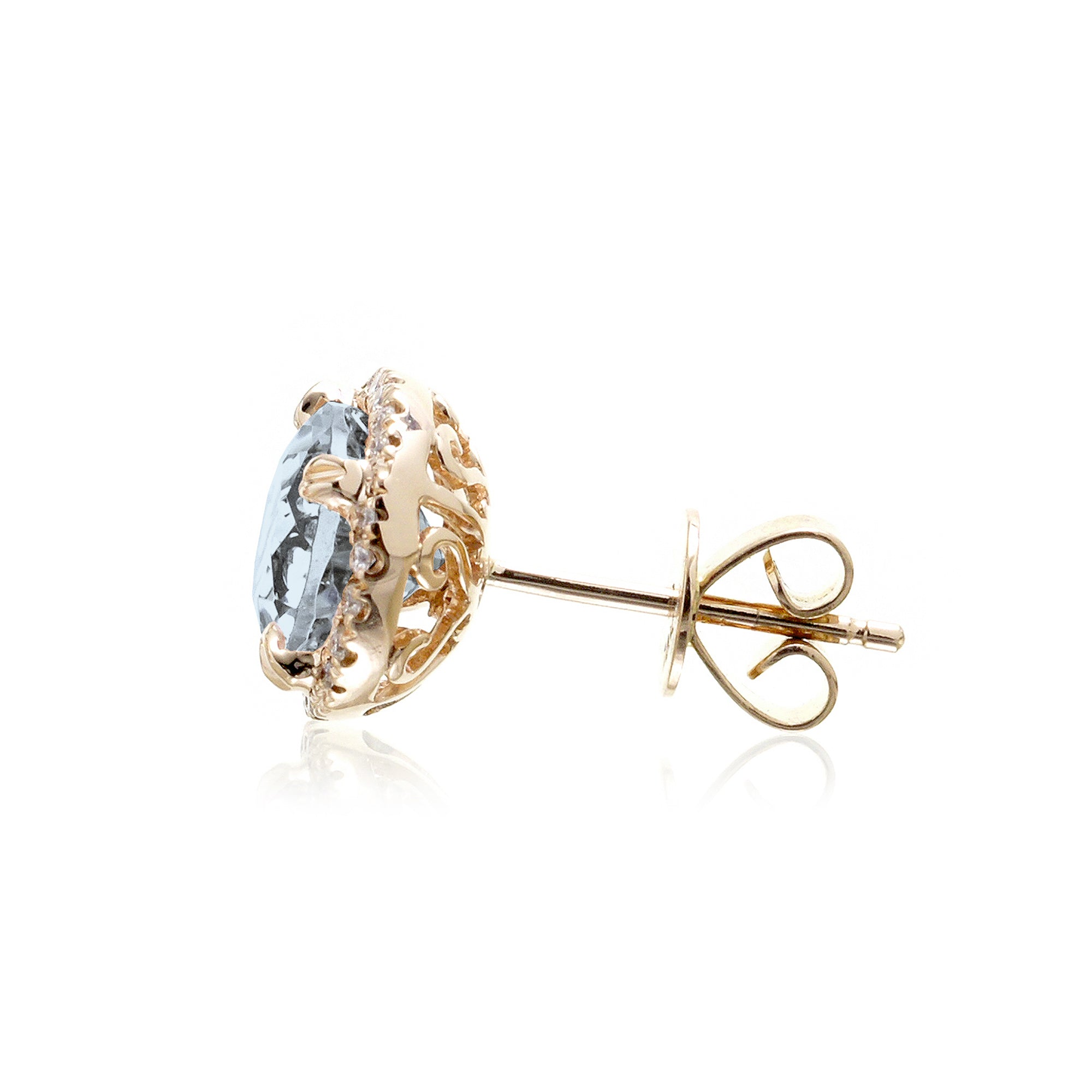 Round aquamarine stud earrings with diamond halo in yellow gold