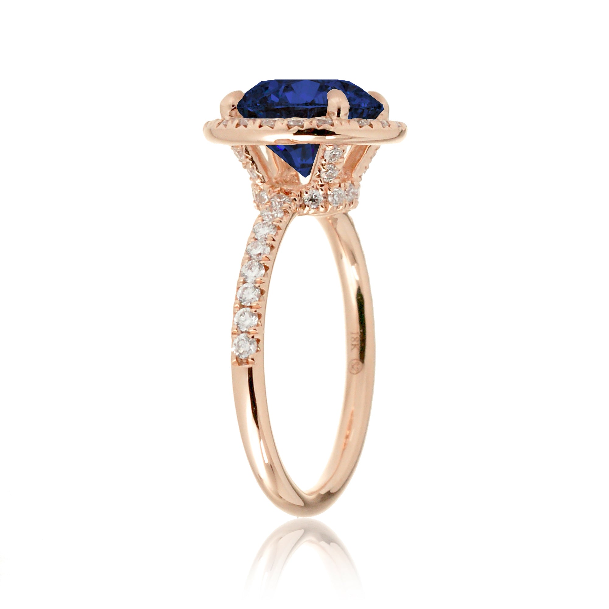 Round blue sapphire engagement ring the Drenched rose gold profile view