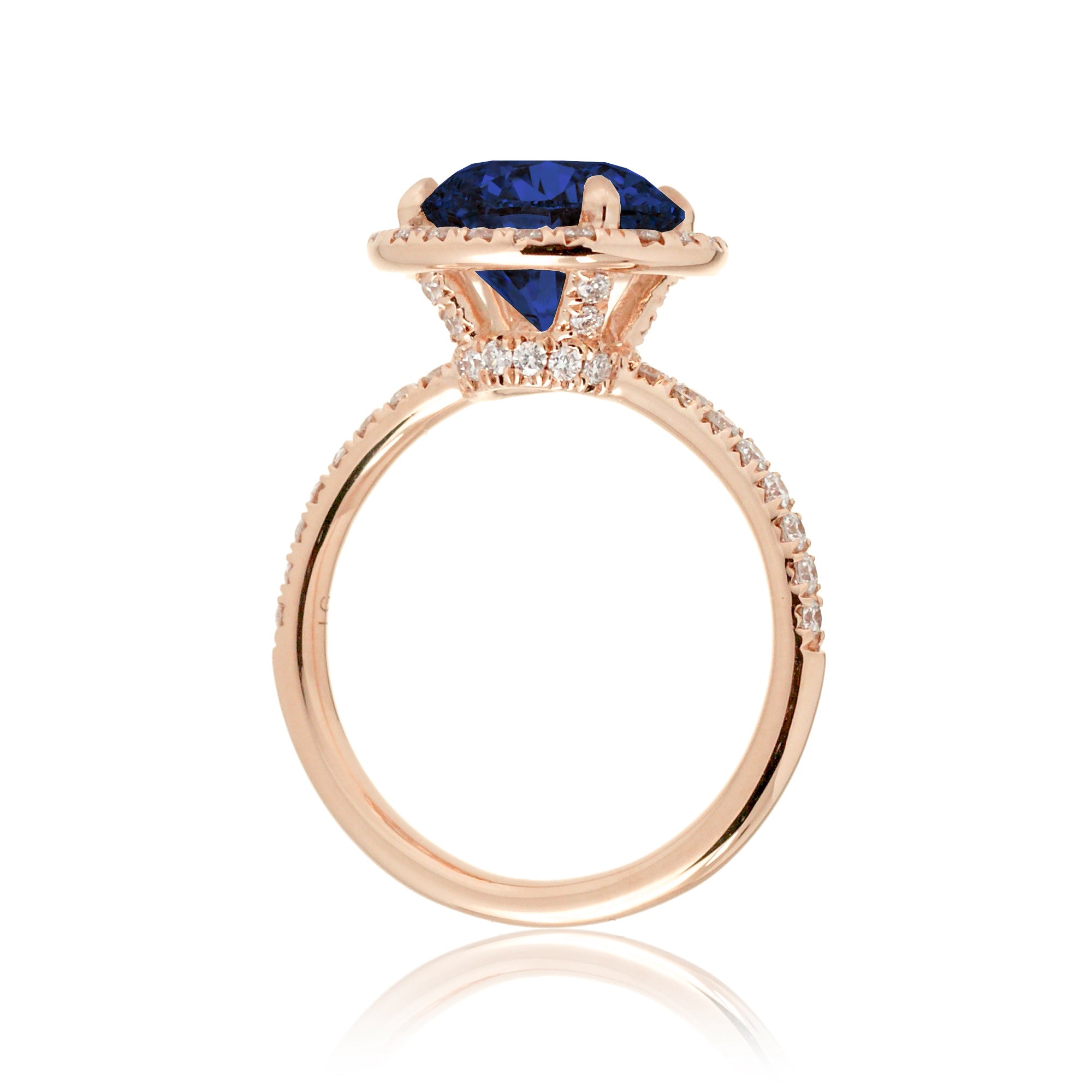 Round blue sapphire engagement ring the Drenched rose gold side view