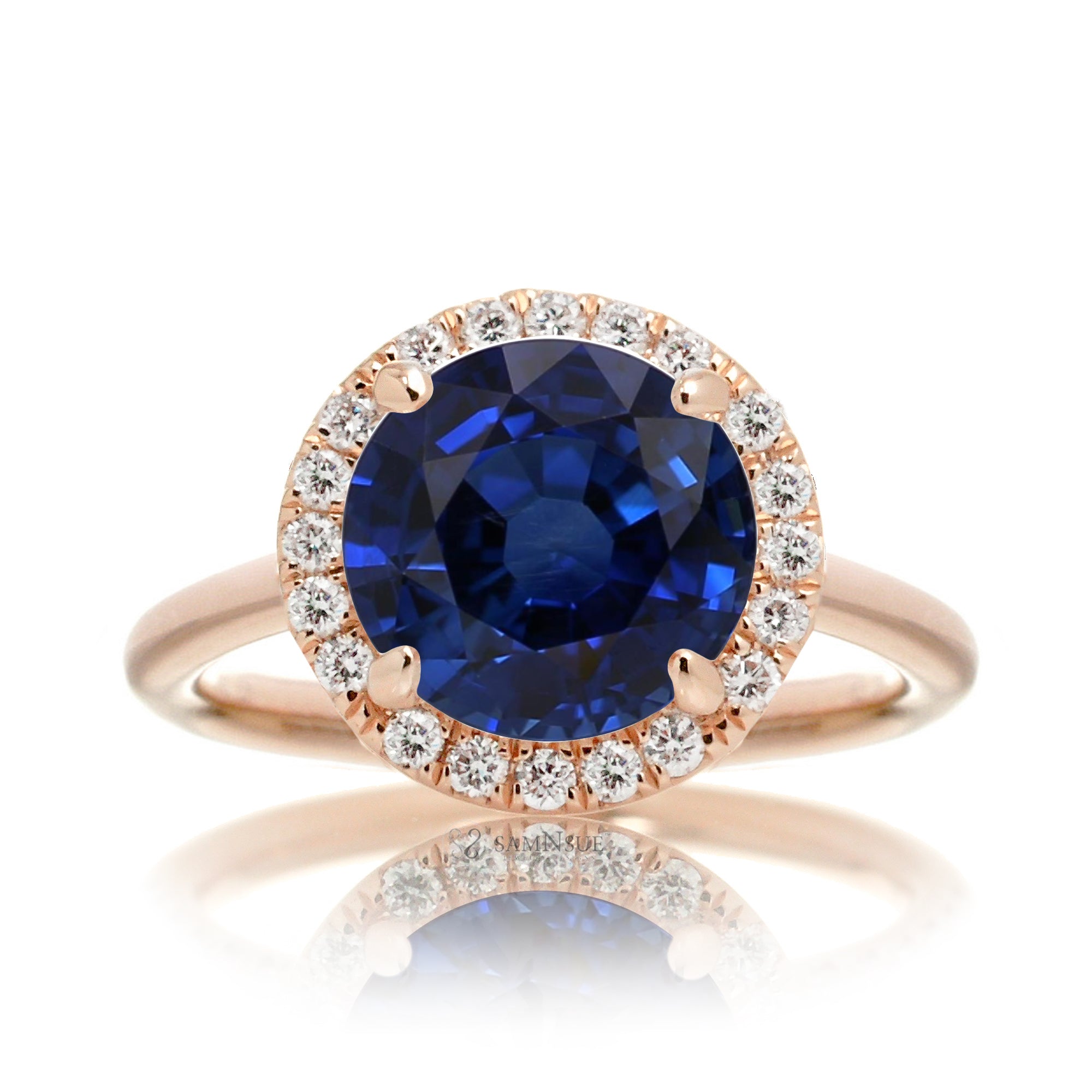 Round blue sapphire engagement ring the Drenched rose gold solid band