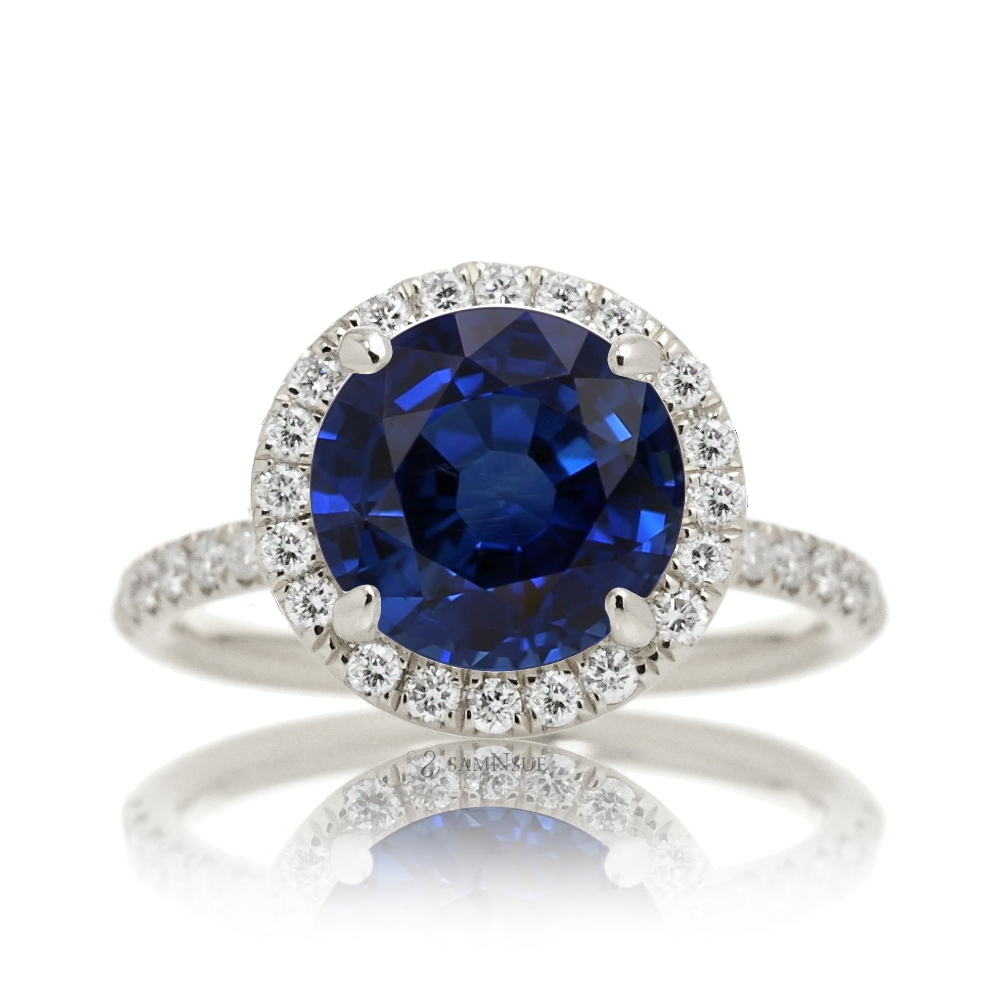 Round blue sapphire engagement ring the Drenched white gold