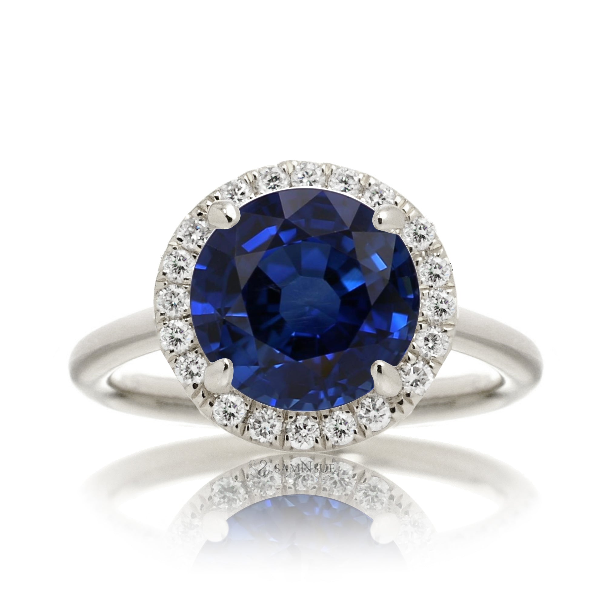 Round blue sapphire engagement ring the Drenched white gold solid band