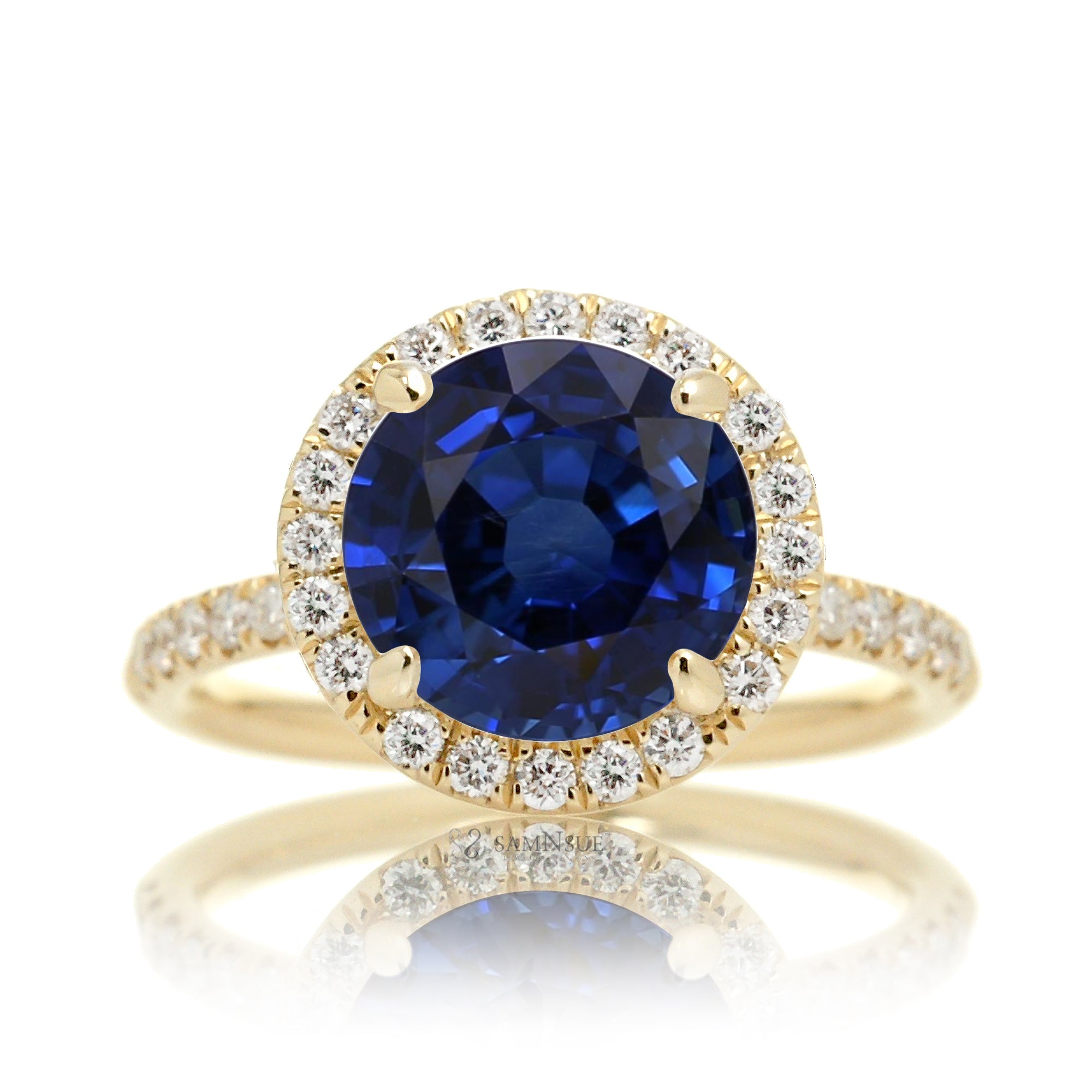 Round blue sapphire engagement ring the Drenched yellow gold