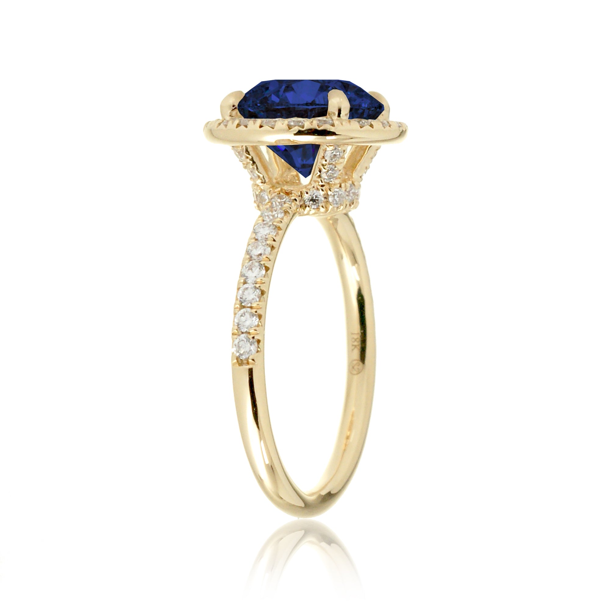 Round blue sapphire engagement ring the Drenched yellow gold profile view