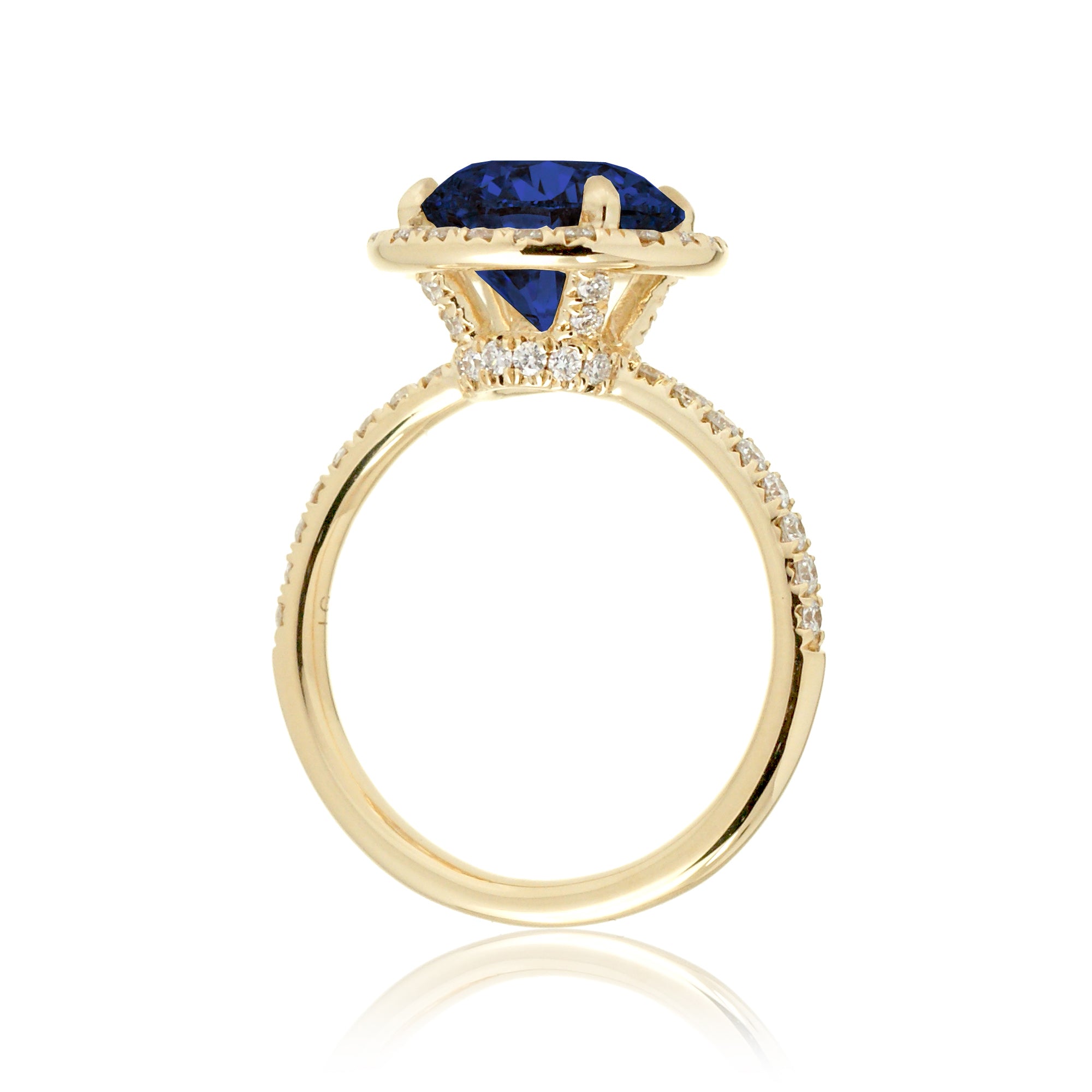 Round blue sapphire engagement ring the Drenched yellow gold side view