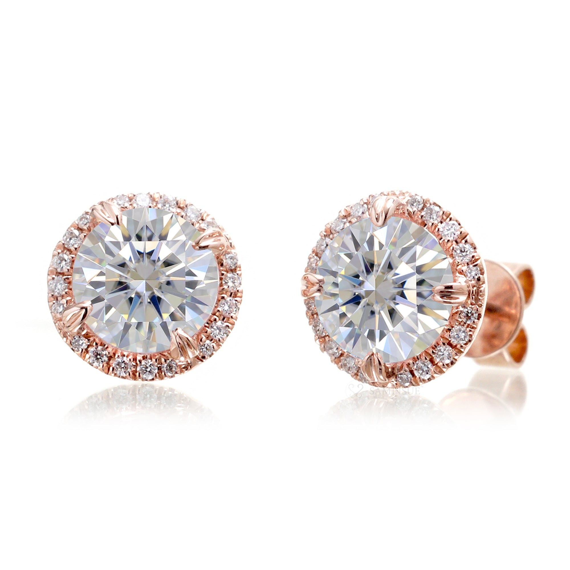 Diamond earrings round cut halo studs rose gold