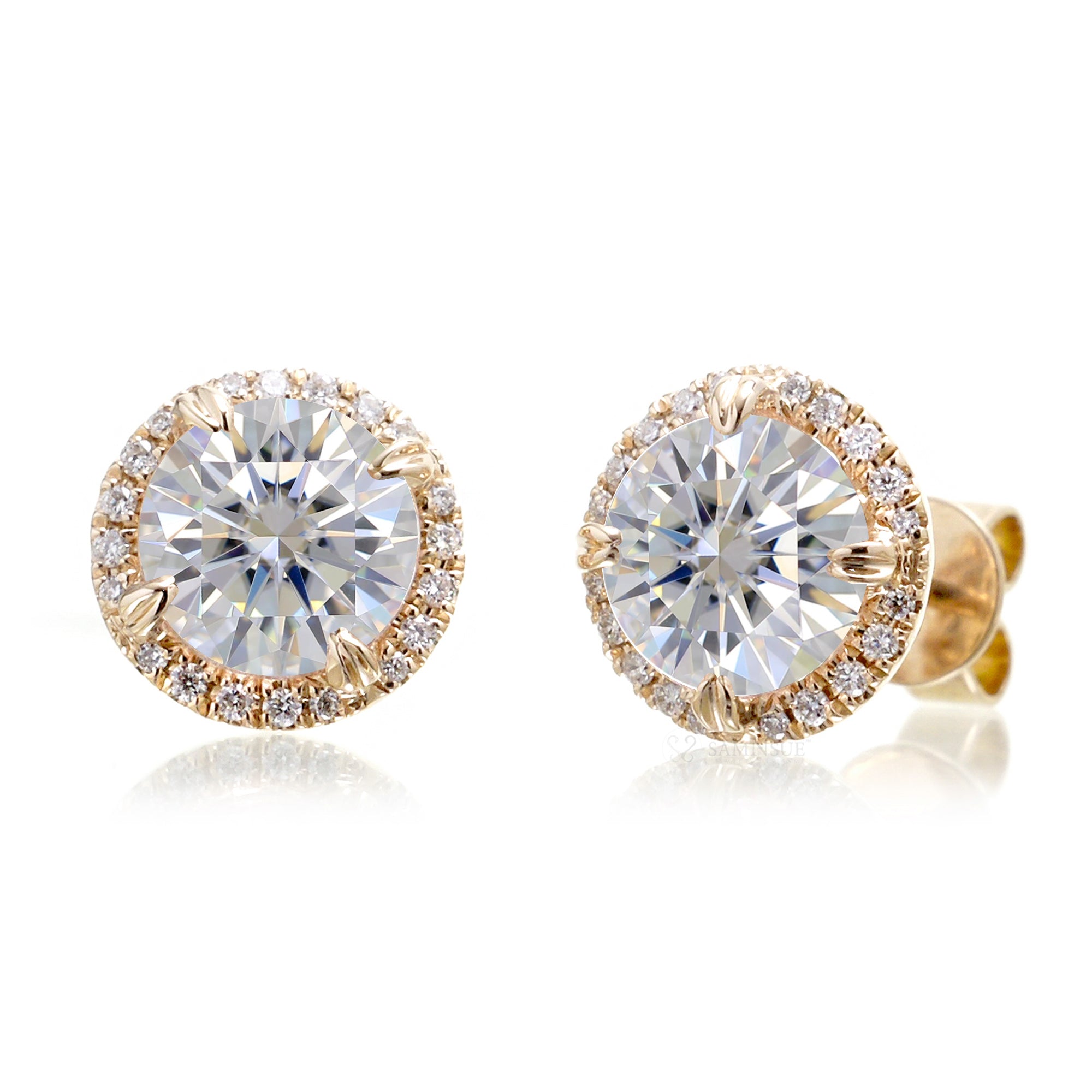 Diamond earrings round cut halo studs yellow gold