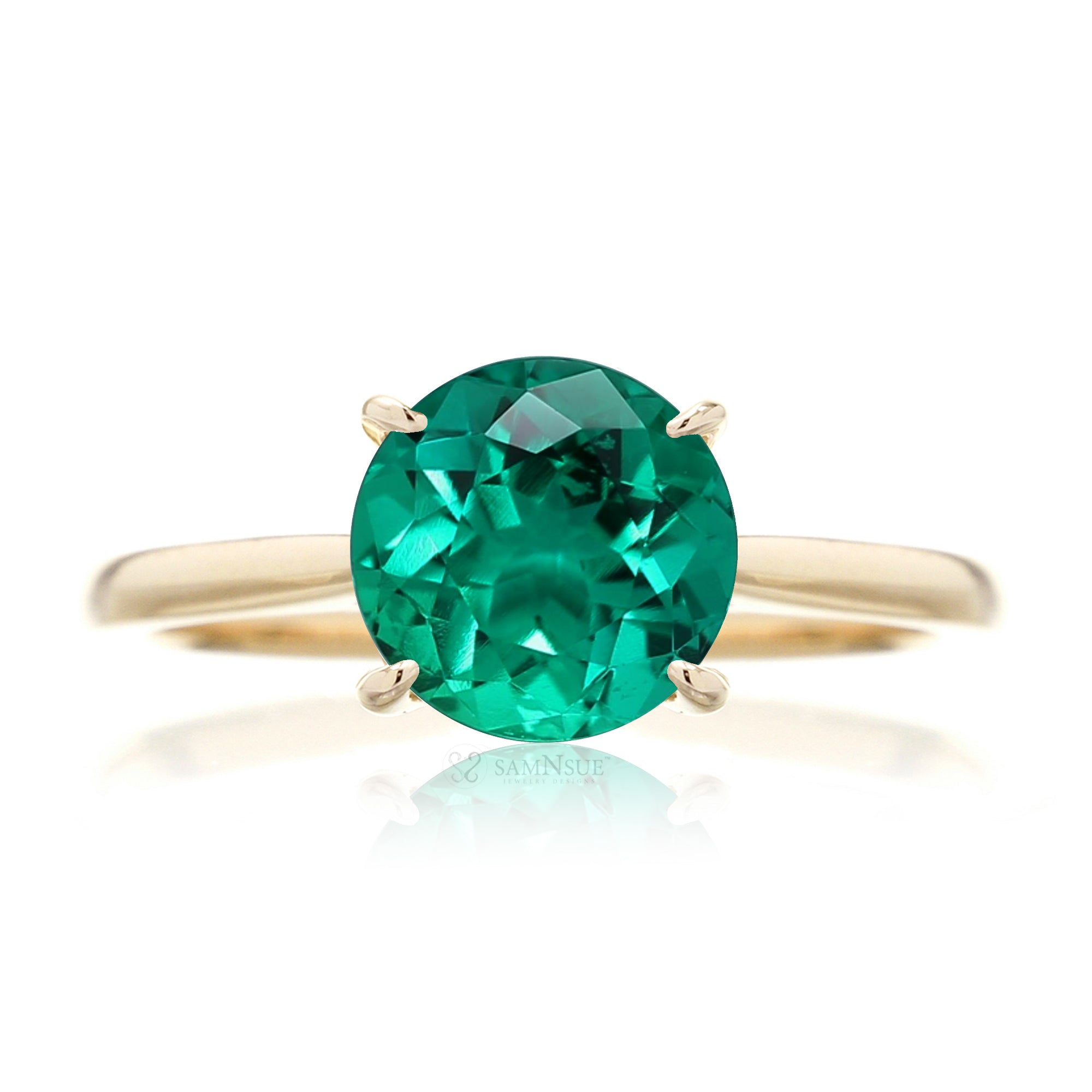 Round green emerald solitaire engagement ring with a solid band - the emily in yellow gold