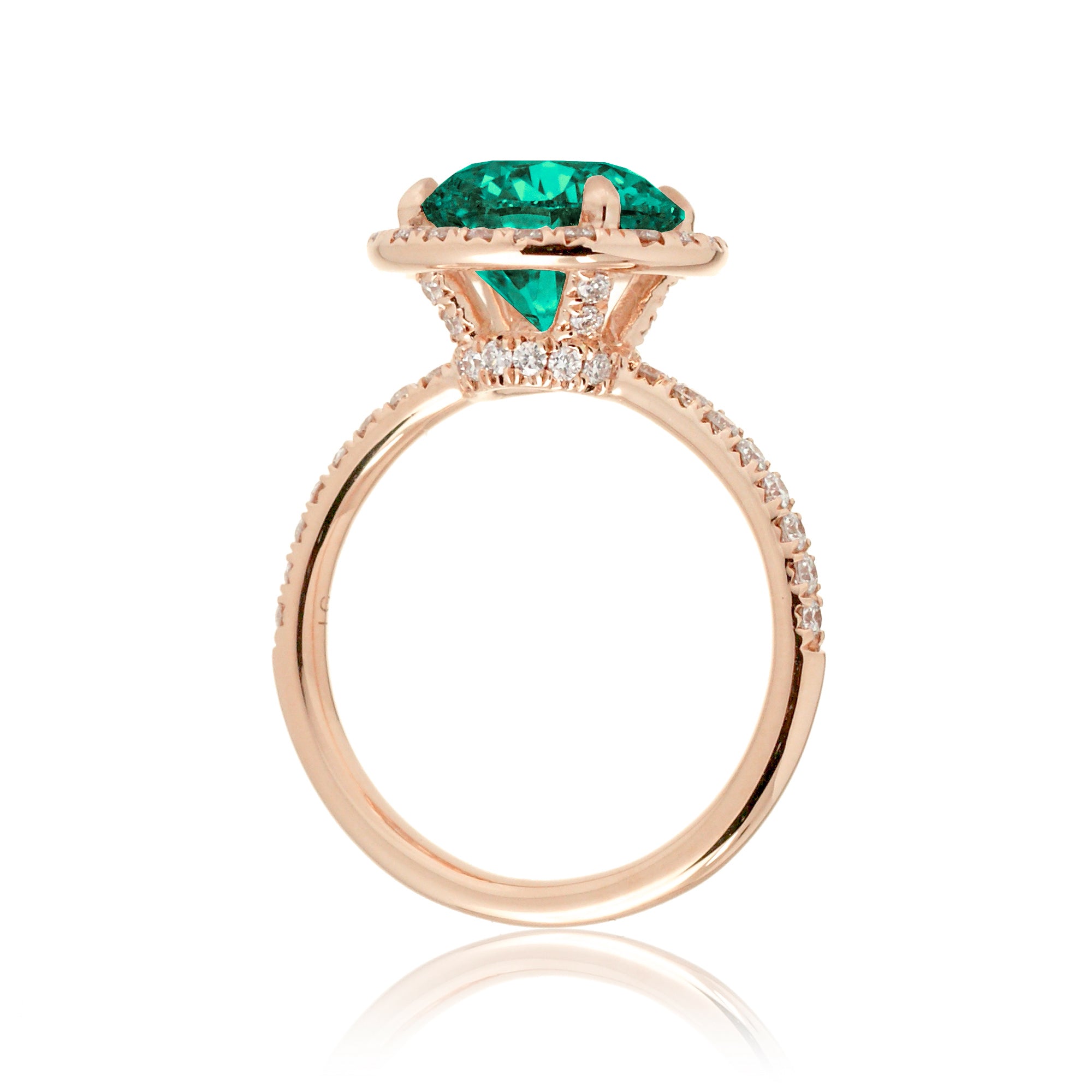 Round green emerald halo engagement ring the Drenched rose gold