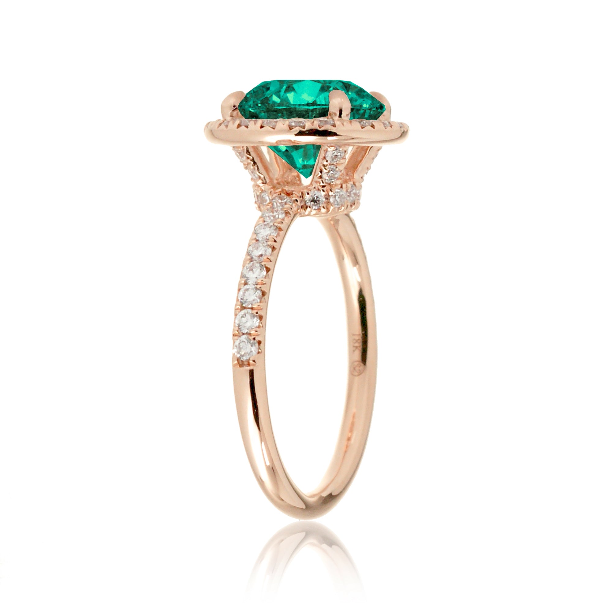 Round green emerald halo engagement ring the Drenched rose gold