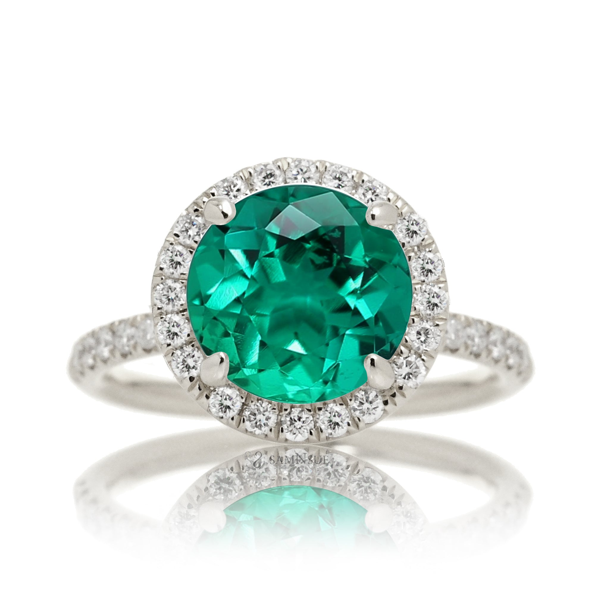 Round green emerald halo engagement ring the Drenched white gold