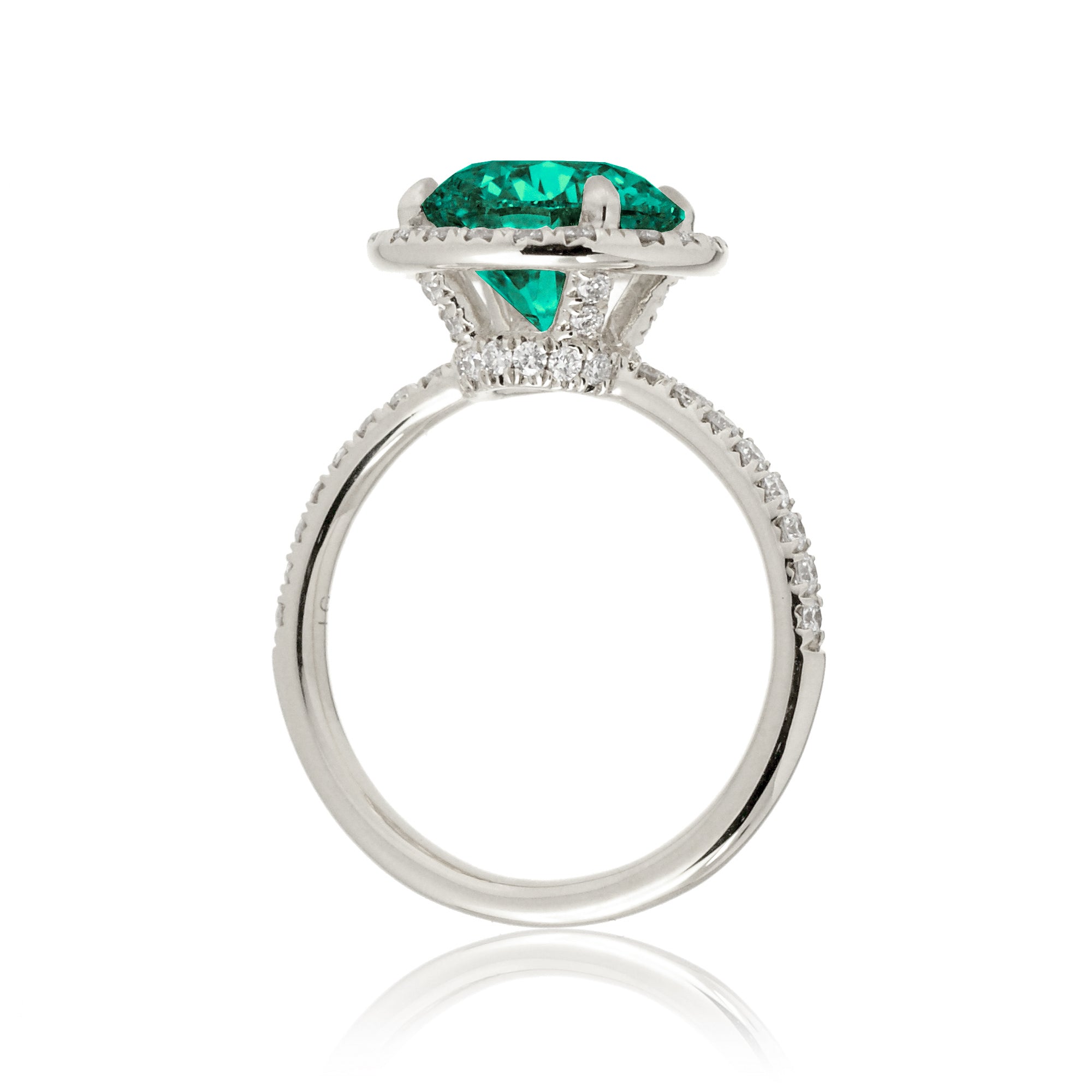 Round green emerald halo engagement ring the Drenched white gold