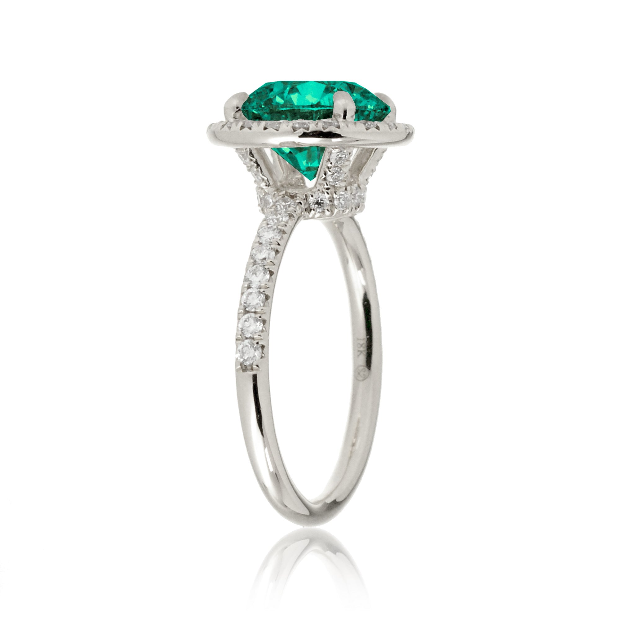 Round green emerald halo engagement ring the Drenched white gold