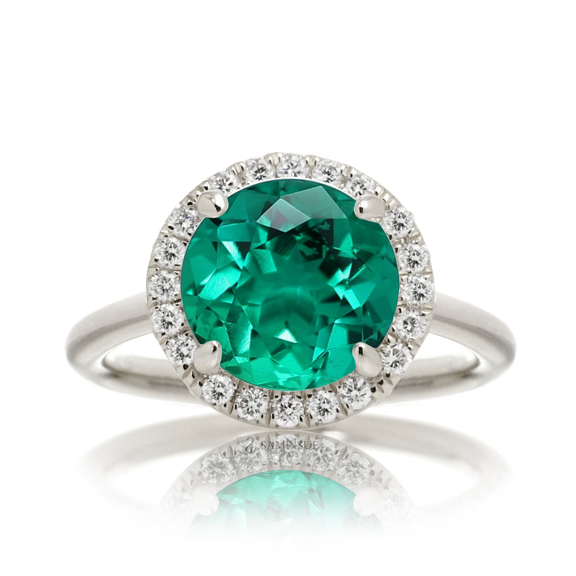 Round green emerald halo engagement ring the Drenched white gold solid band